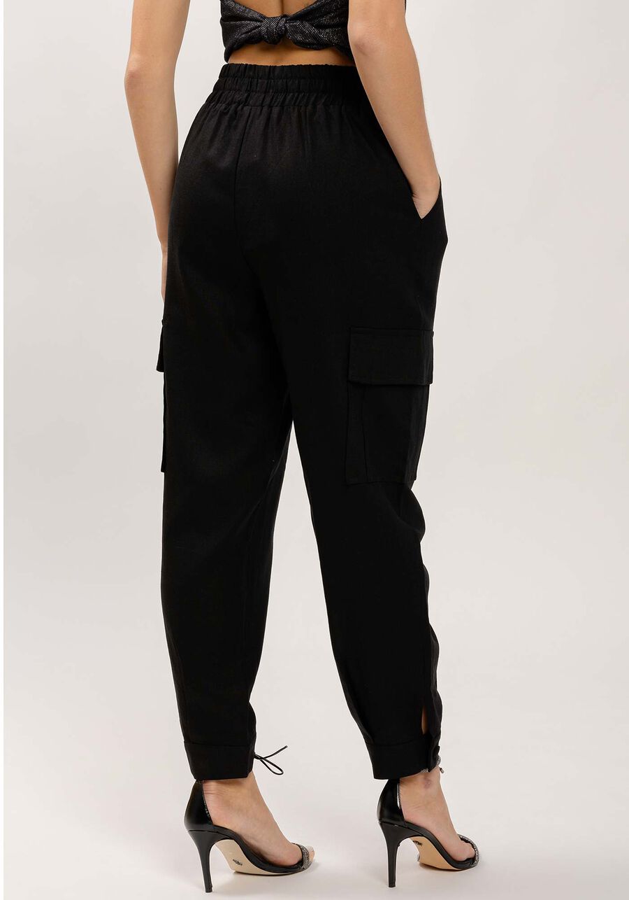 Calça Jogger em Linho com Bolso Cargo, PRETO REATIVO. Calça Jogger em Linho com Bolso Cargo, PRETO REATIVO, large.