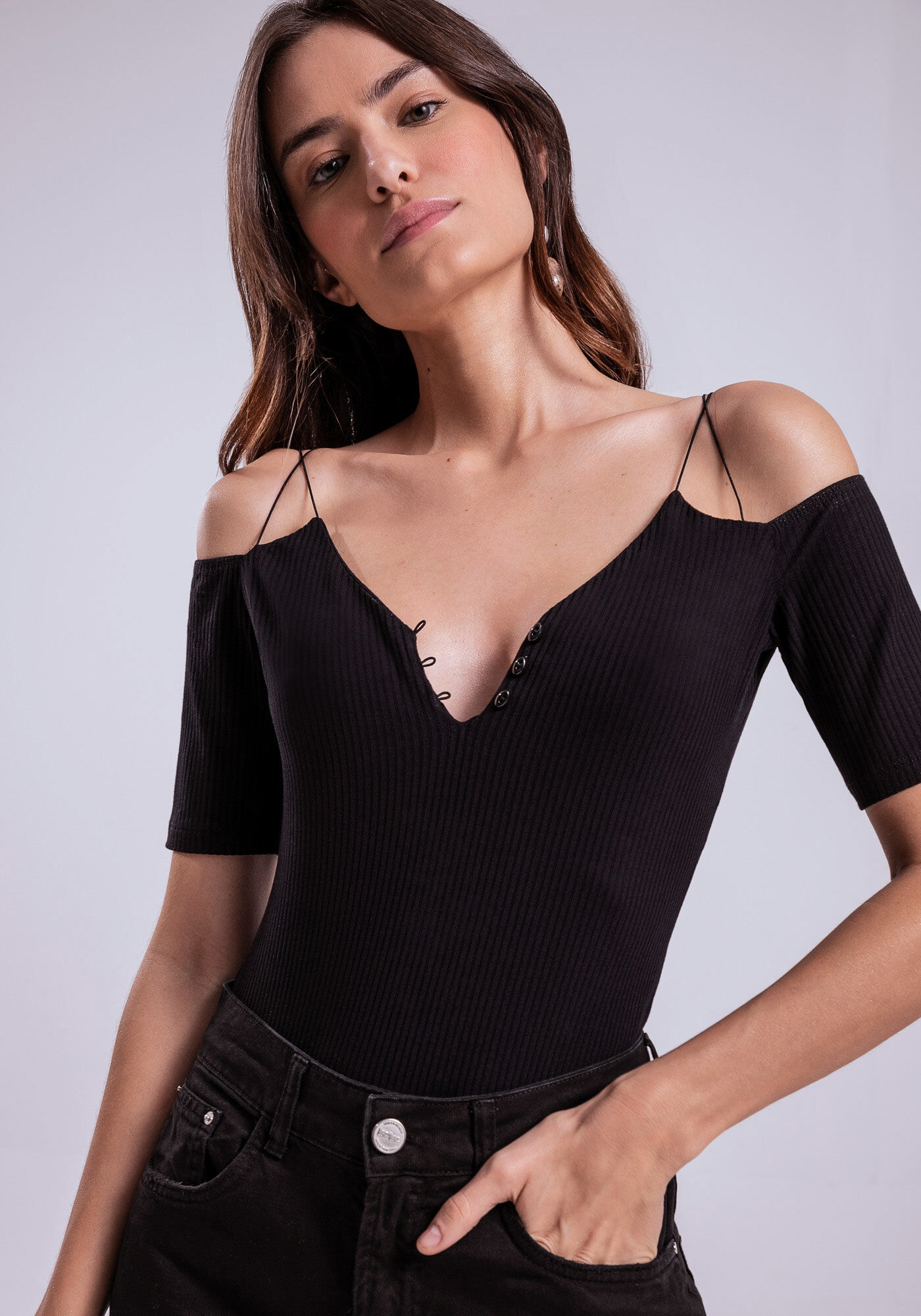 Body Manga Vazada Canelada com Bot&otilde;es, PRETO REATIVO, large.