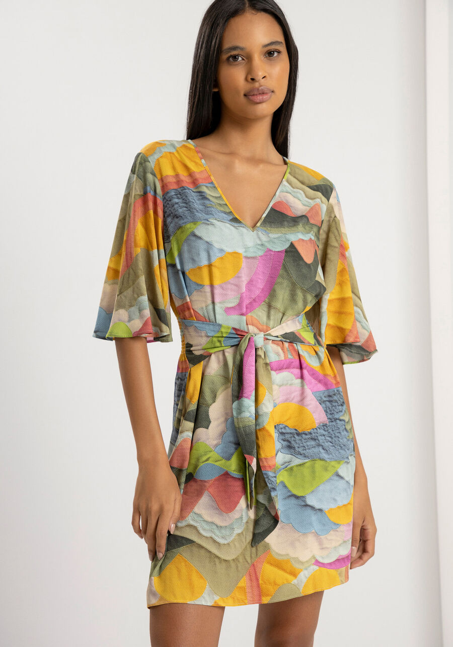 Vestido Curto Estampado com Manga Sino, . Vestido Curto Estampado com Manga Sino, , large.