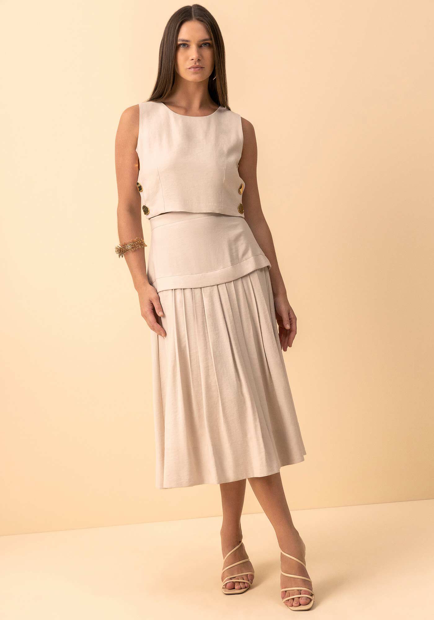 Blusa Cropped Em Tecido Plano Com Bot&otilde;es Laterais, BEGE ALHAMBRA, large.