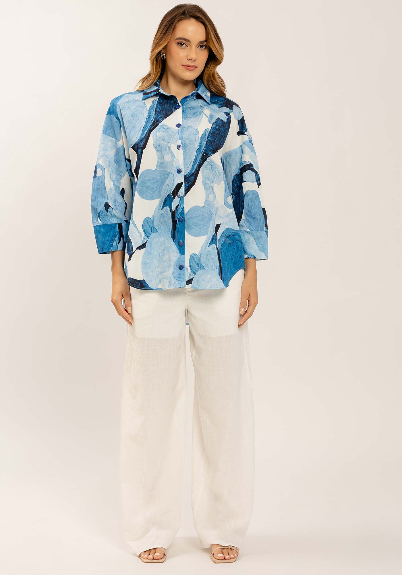 Camisa Manga 3/4 em Tricoline Estampada, , large.