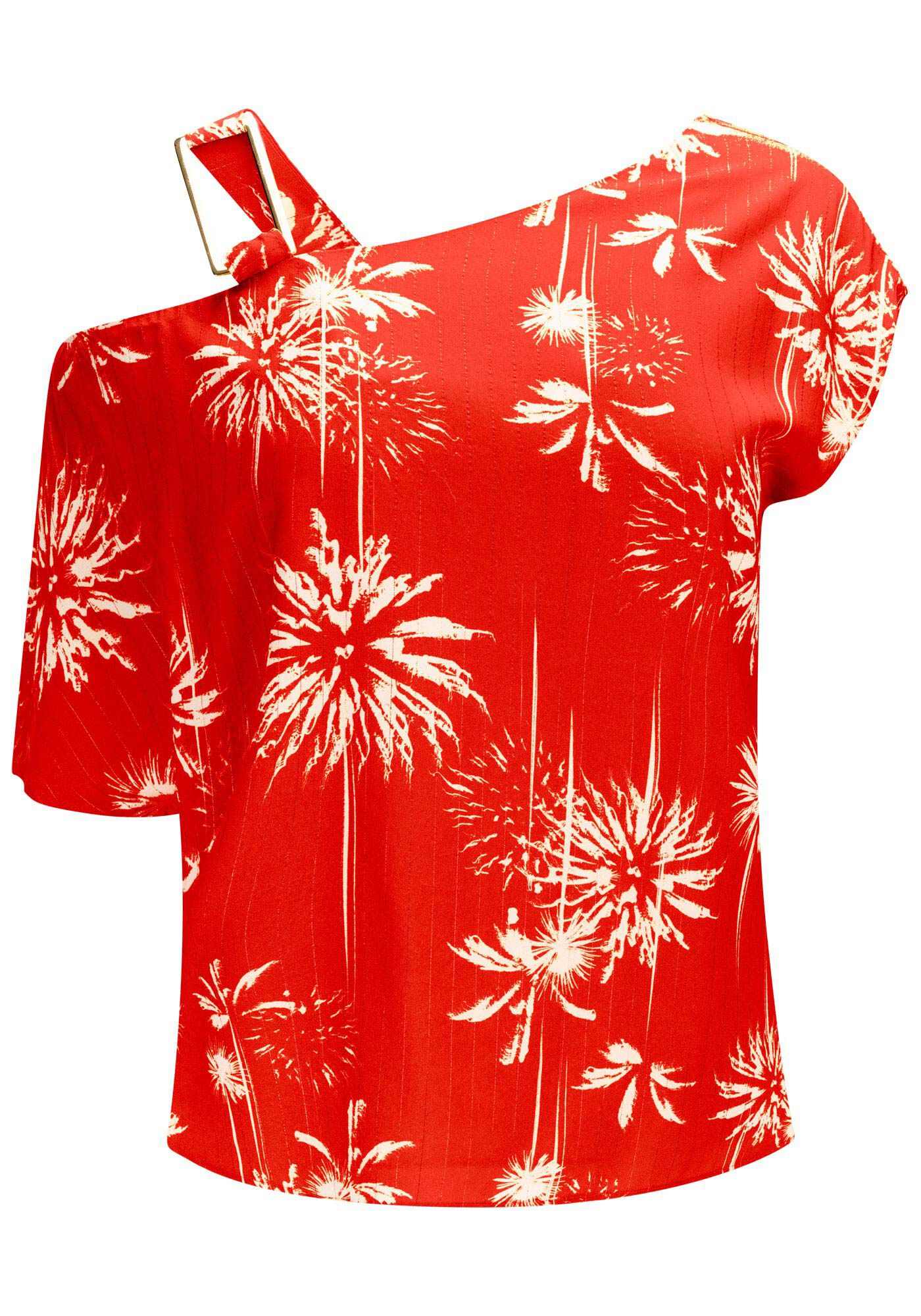 Blusa Assim&eacute;trica Estampada com Detalhe Ombro, DATE PALMS VERMELHO, large.