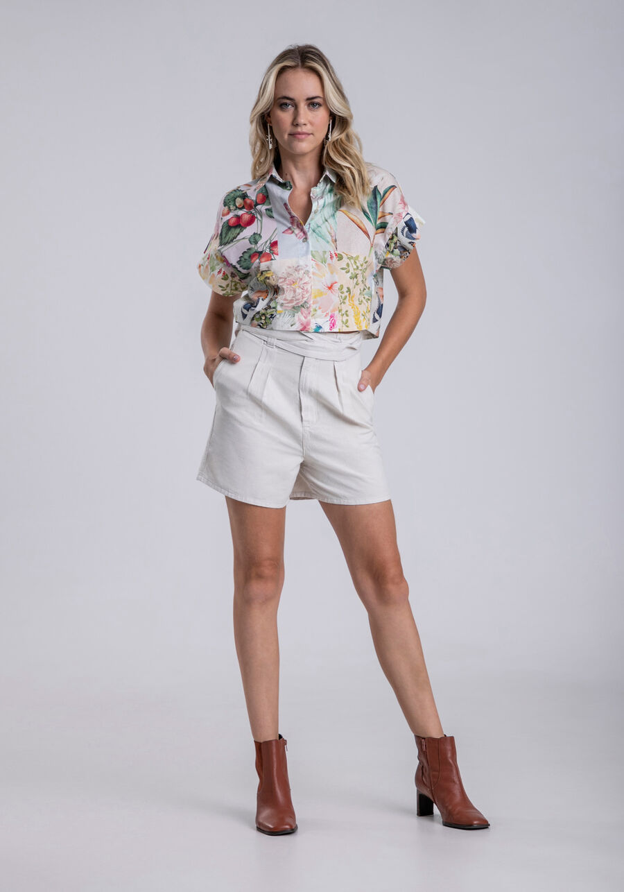 Camisa Manga Curta em Tecido Cropped, PAPEL DE CARTAS. Camisa Manga Curta em Tecido Cropped, PAPEL DE CARTAS, large.