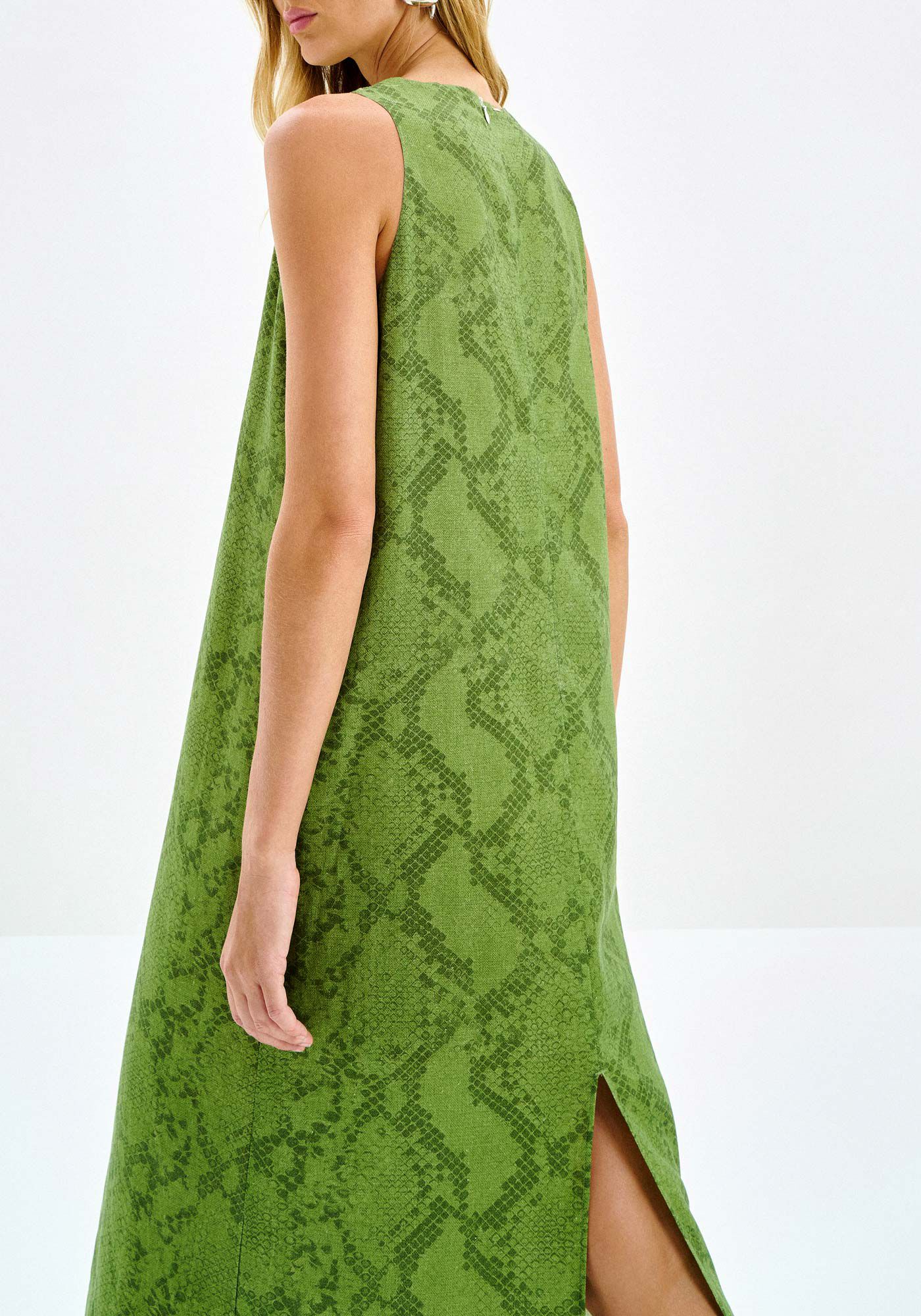 Vestido Midi Reto em Linho Estampado, SNAKE, large.