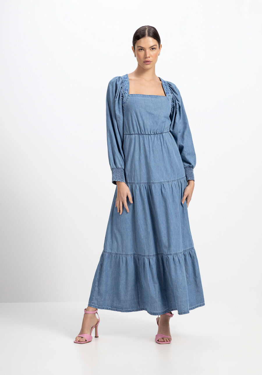 Vestido Jeans Midi com Recorte Costas e Bolsos, JEANS. Vestido Jeans Midi com Recorte Costas e Bolsos, JEANS, large.