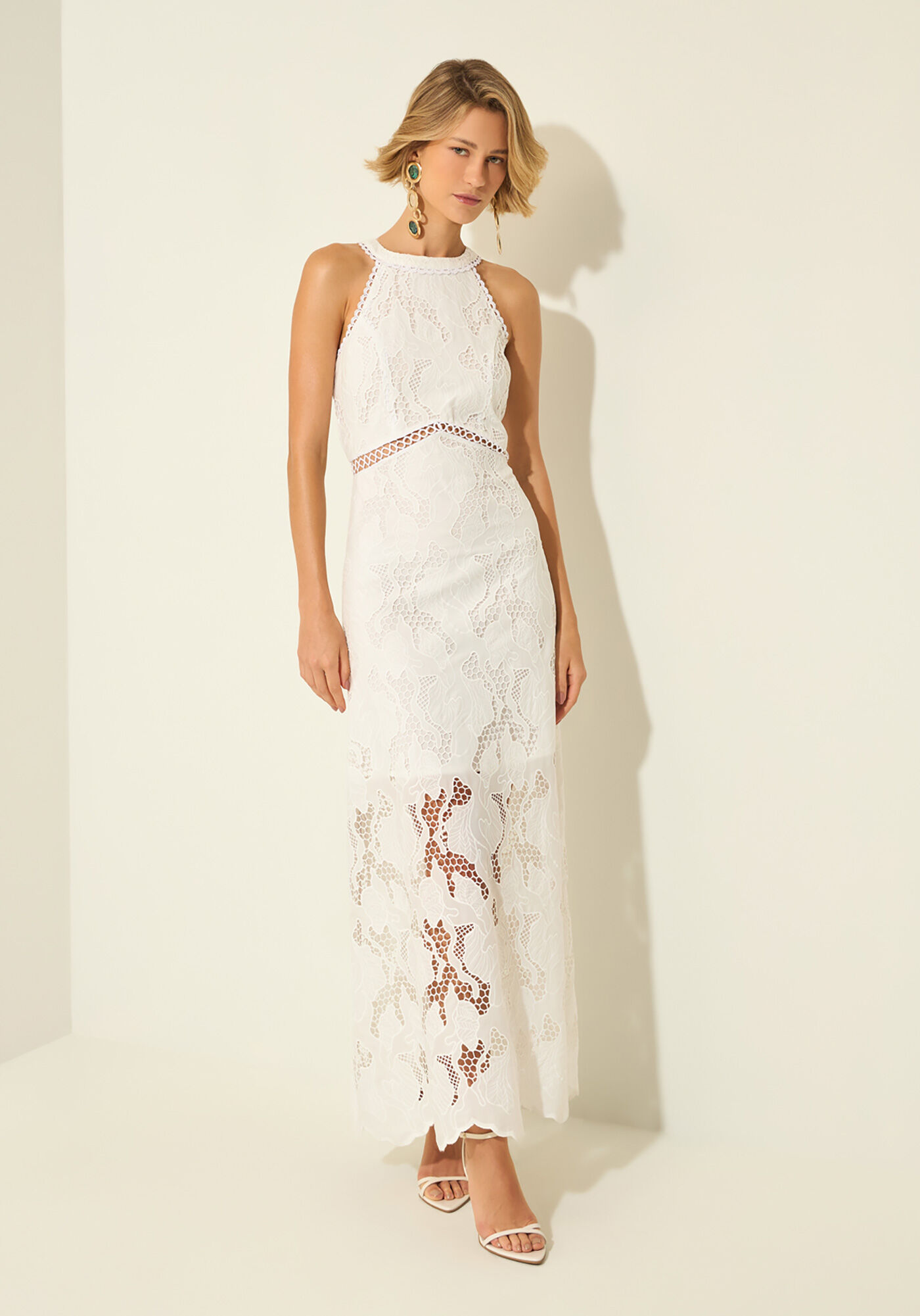 Vestido Longo Em Laise Sem Mangas, BRANCO, large.