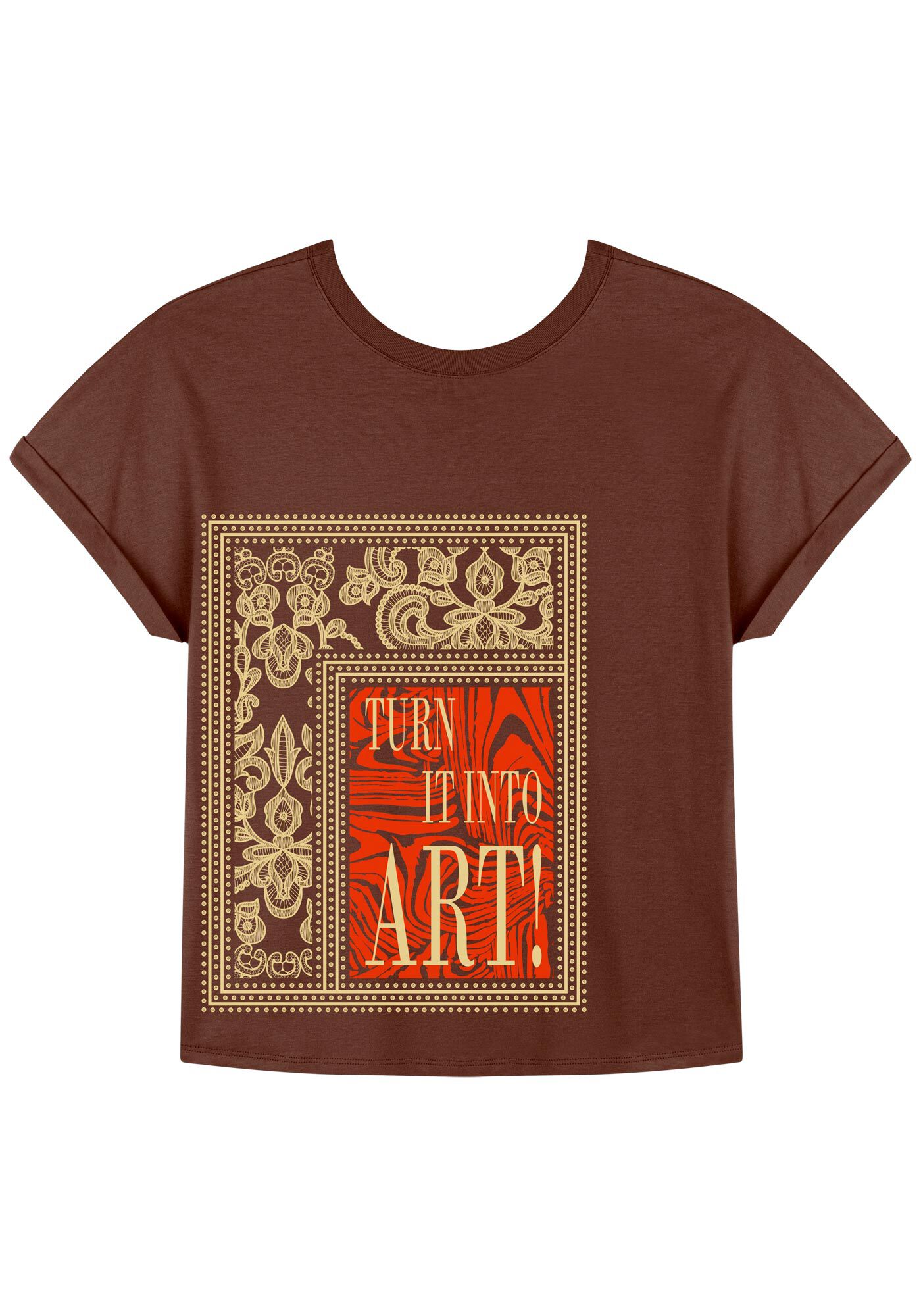 Blusa Com Estampa Frontal E Mangas Dobradas Em Malha Prime, , large.