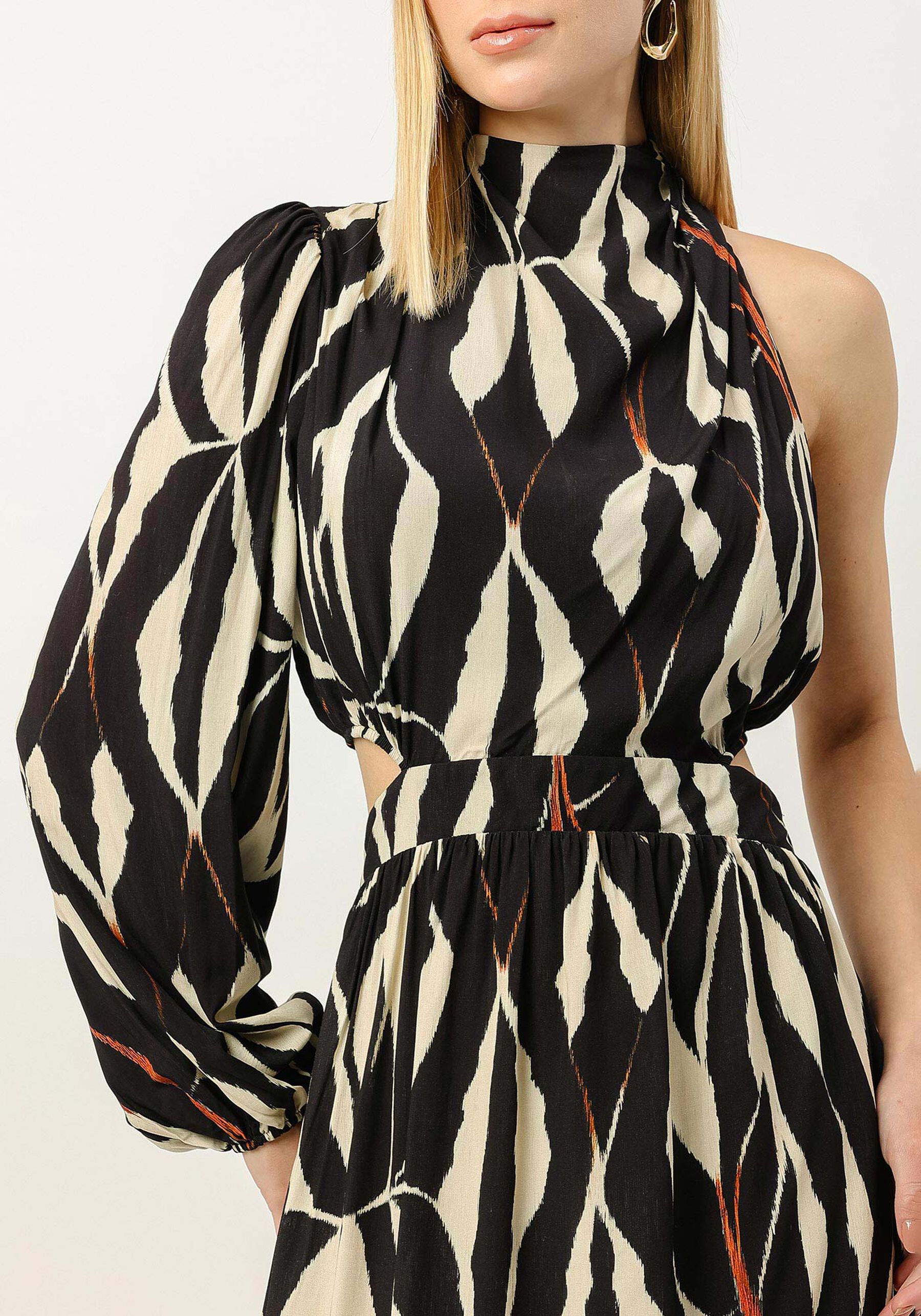 Vestido Midi Estampado em Viscose com Um Ombro Só, . Vestido Midi Estampado em Viscose com Um Ombro Só, , large.