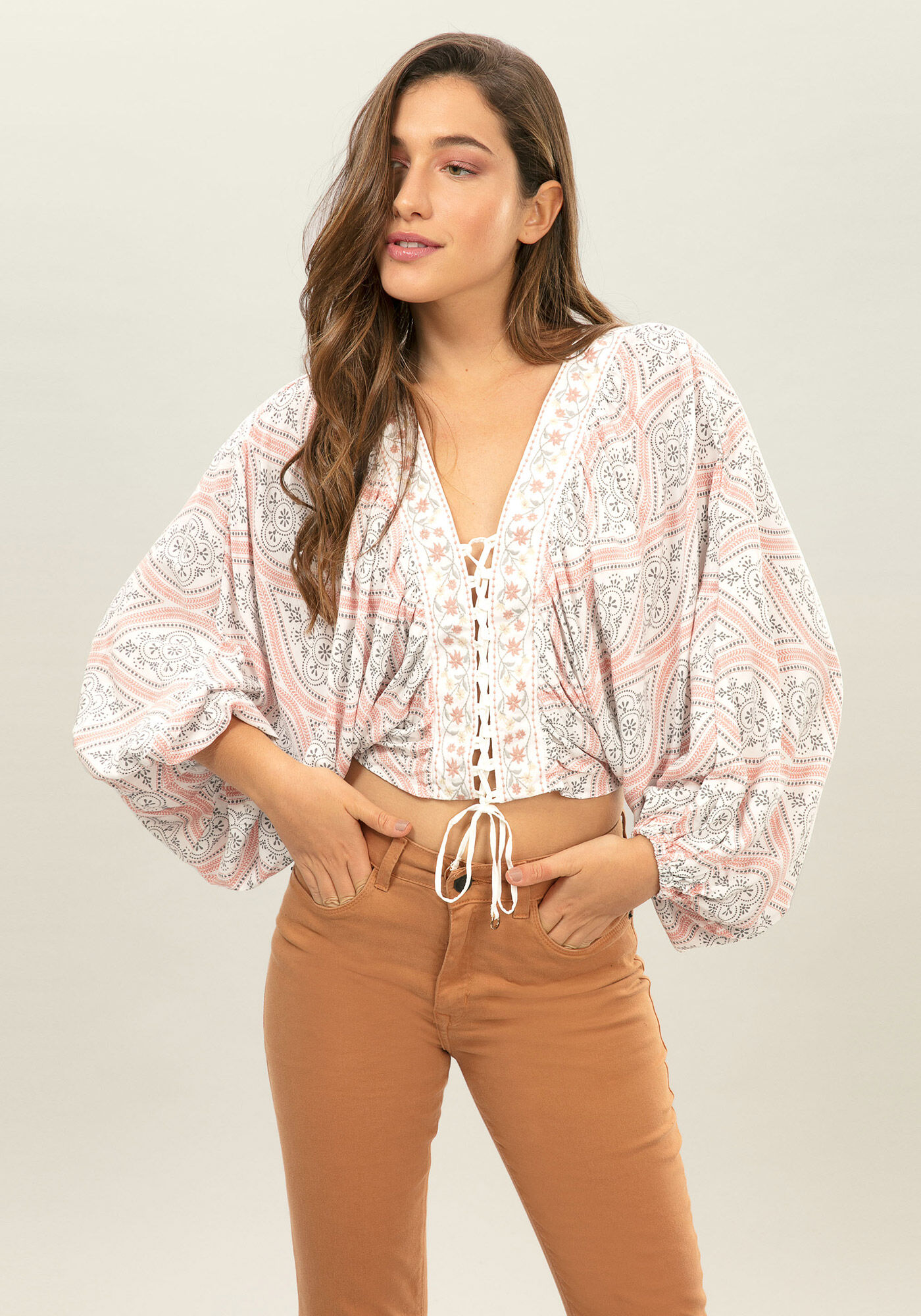 Blusa Amarra&ccedil;&atilde;o Estampada Tecido, , large.