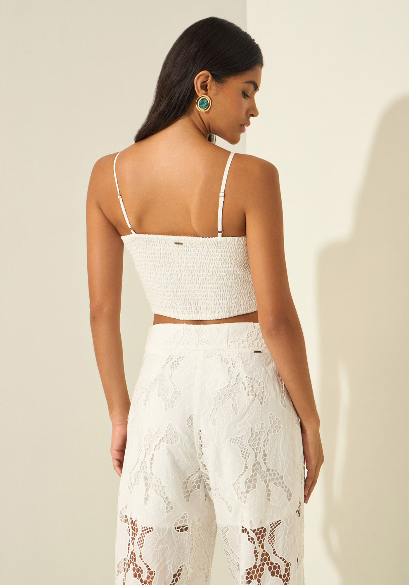 Blusa Cropped De Al&ccedil;as Em Laise, BRANCO, large.