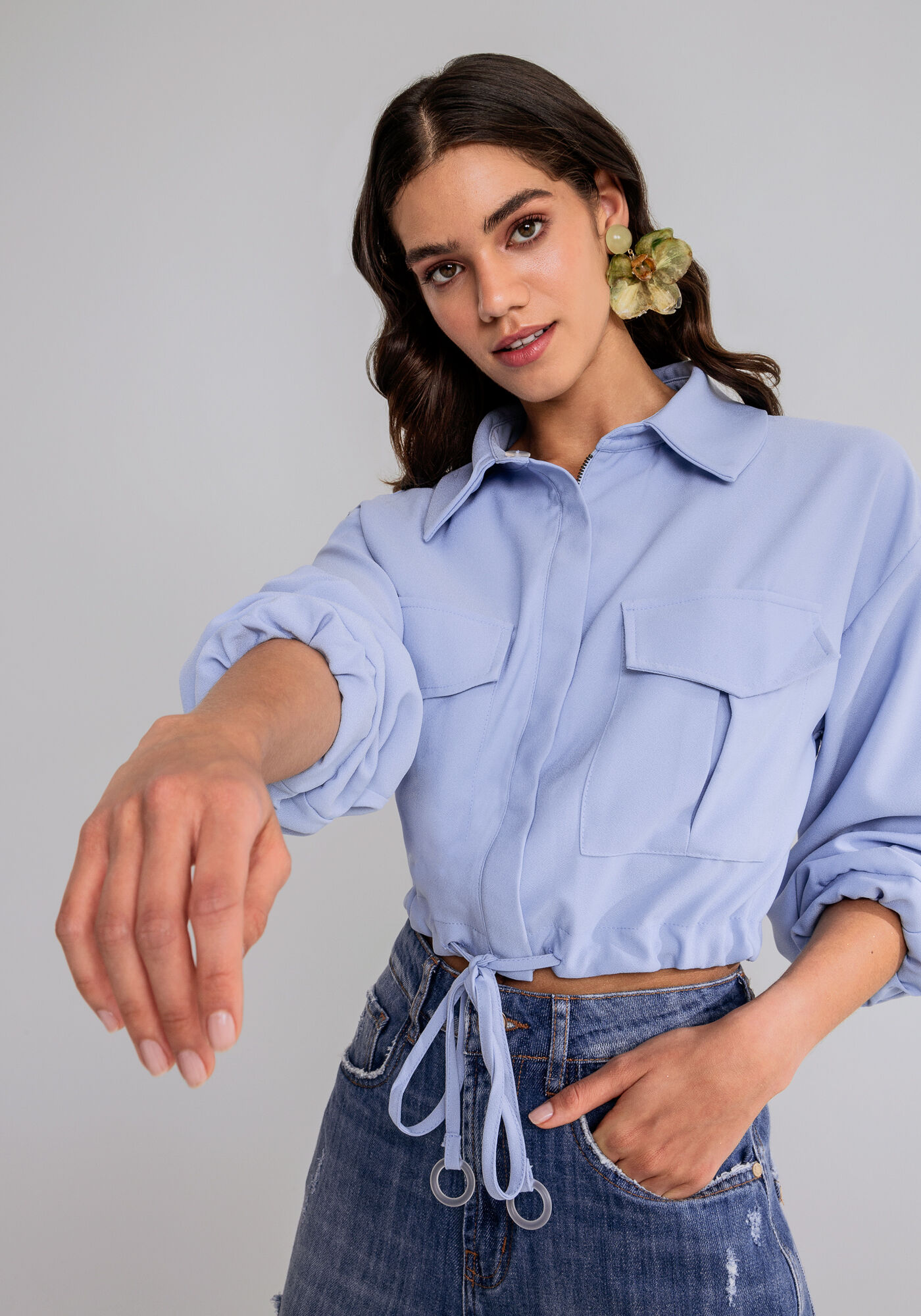 Jaqueta Tecido Crepe Satin Cropped, , large.