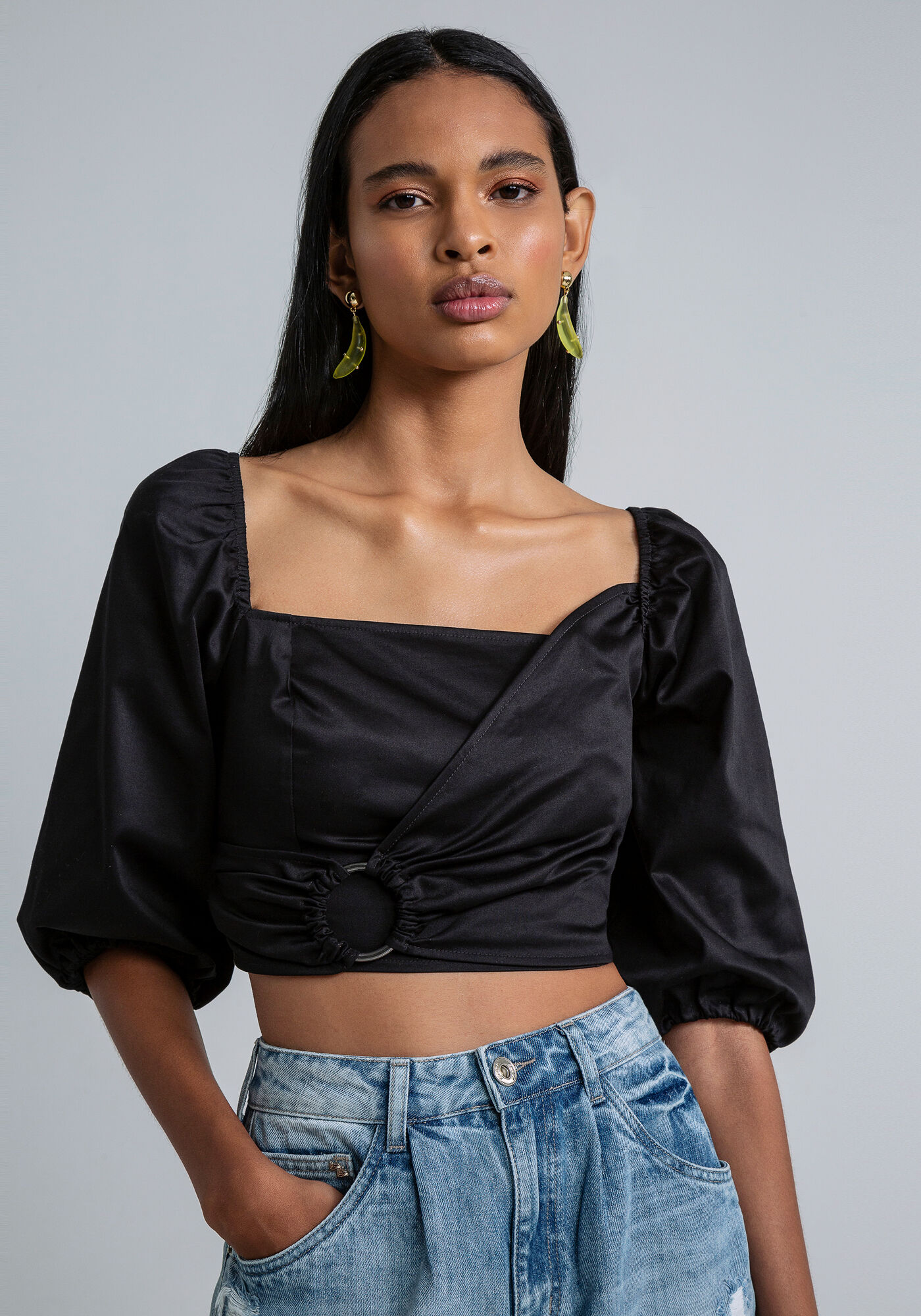 Blusa Cropped Manga 3/4 Bufante, PRETO, large.