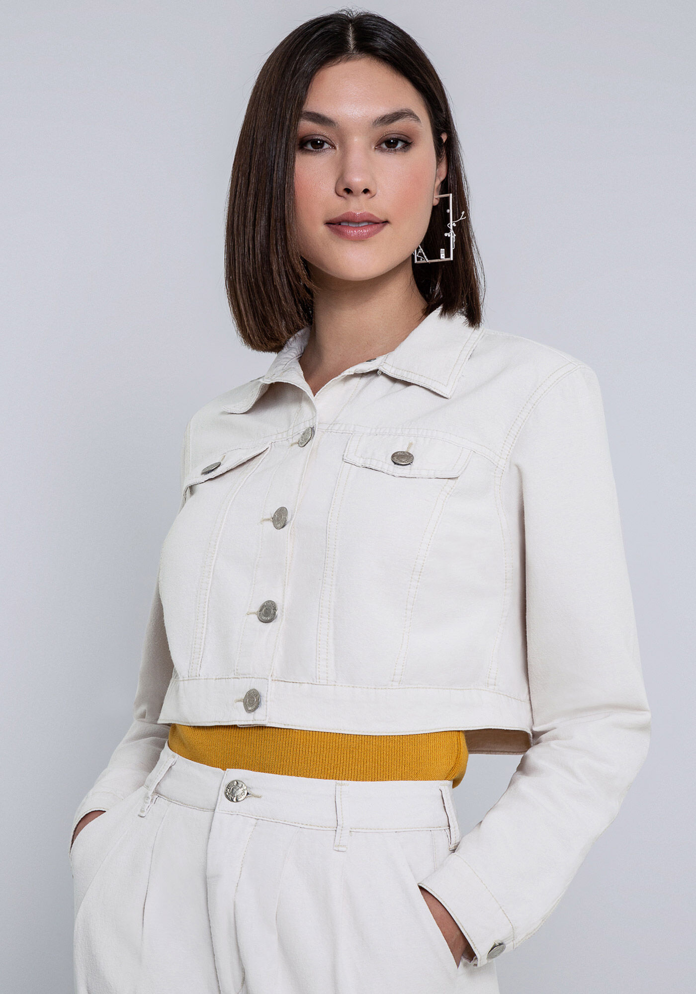 Jaqueta Sarja Cropped, BEGE MARFIM, large.