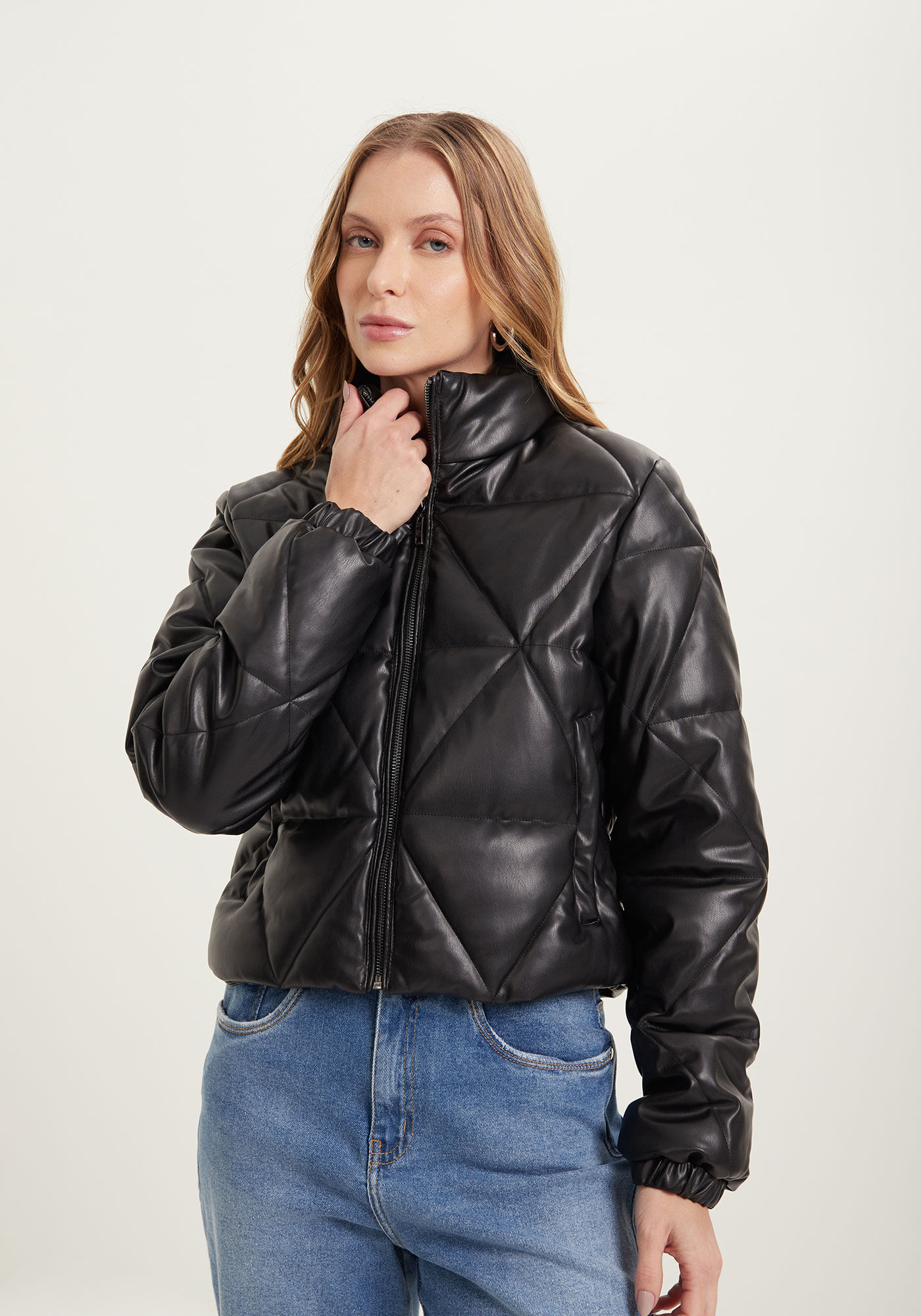 Jaqueta Puffer Com Gola Alta E Bolsos, PRETO REATIVO, large.