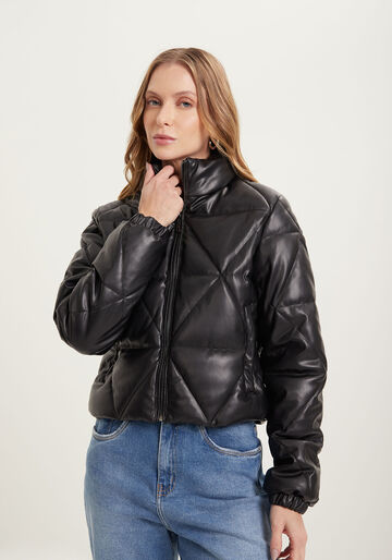 Jaqueta Puffer Com Gola Alta E Bolsos, PRETO REATIVO. Jaqueta Puffer Com Gola Alta E Bolsos, PRETO REATIVO, large.