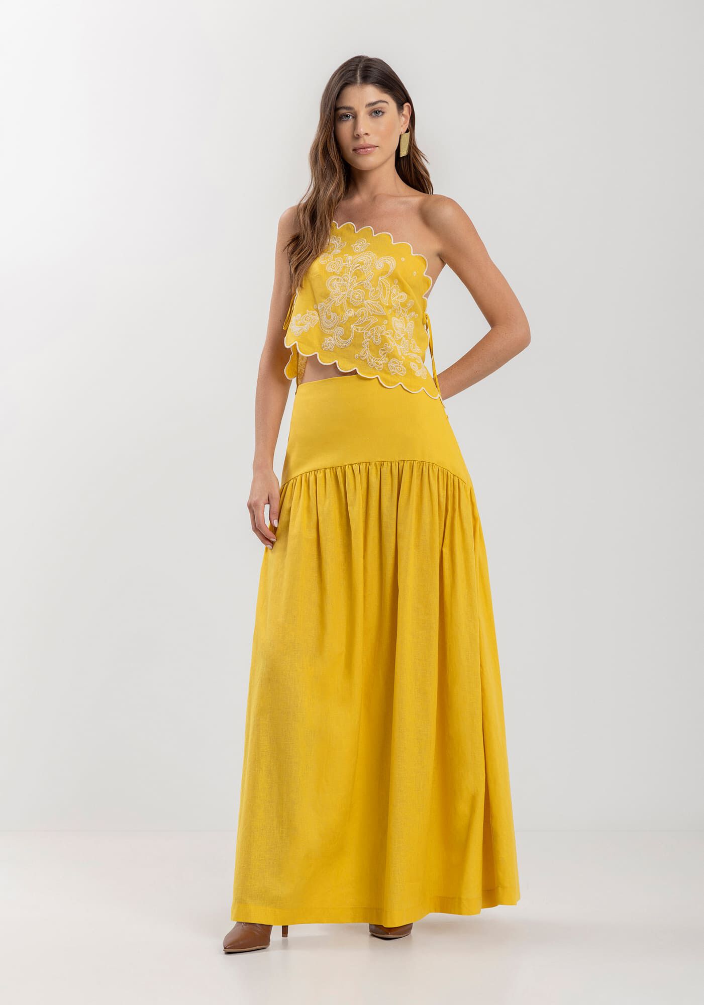 Saia Longa Com Cintura M&eacute;dia Em Algod&atilde;o E Linho, , large.