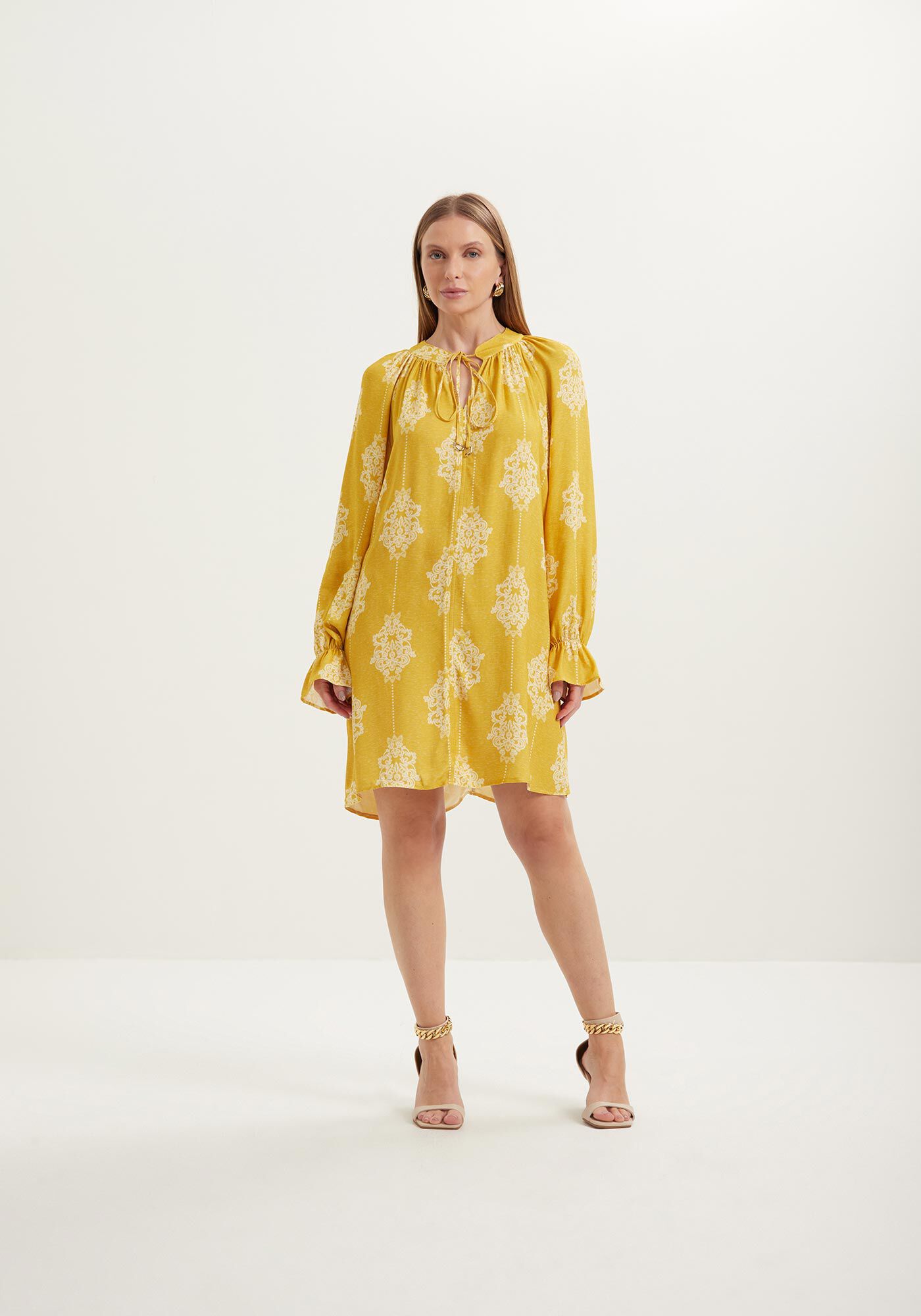 Vestido Curto Estampado Em Viscose Com Amarra&ccedil;&atilde;o Frontal, CUTWORK VERDE, large.