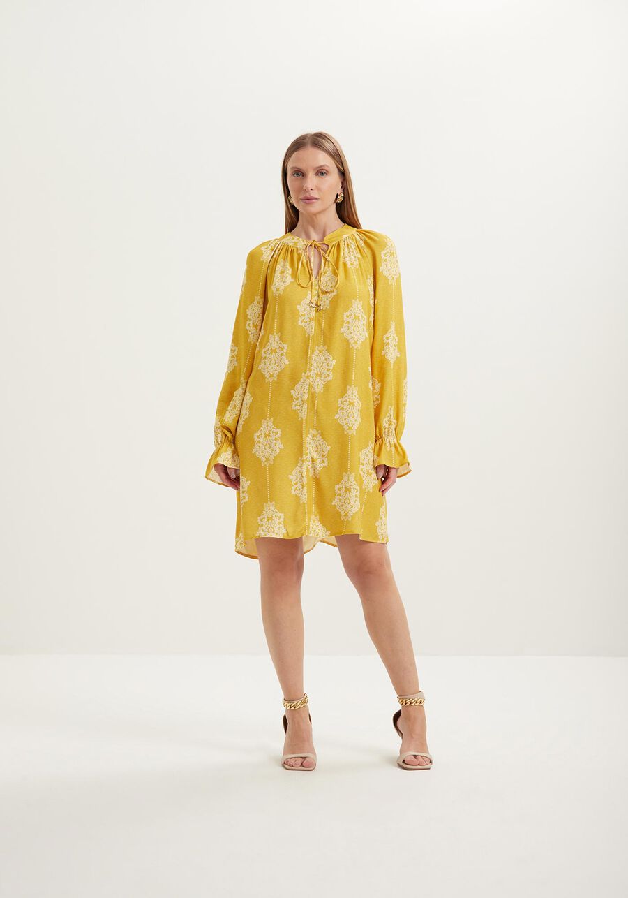 Vestido Curto Estampado Em Viscose Com Amarração Frontal, . Vestido Curto Estampado Em Viscose Com Amarração Frontal, , large.