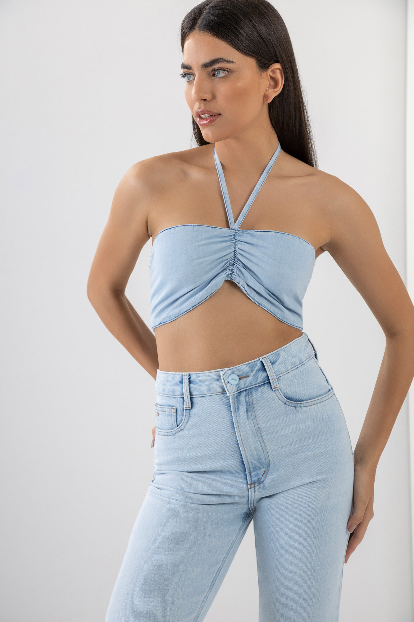 Camisa Jeans Manga 3/4 com Top Frente &Uacute;nica, , large.