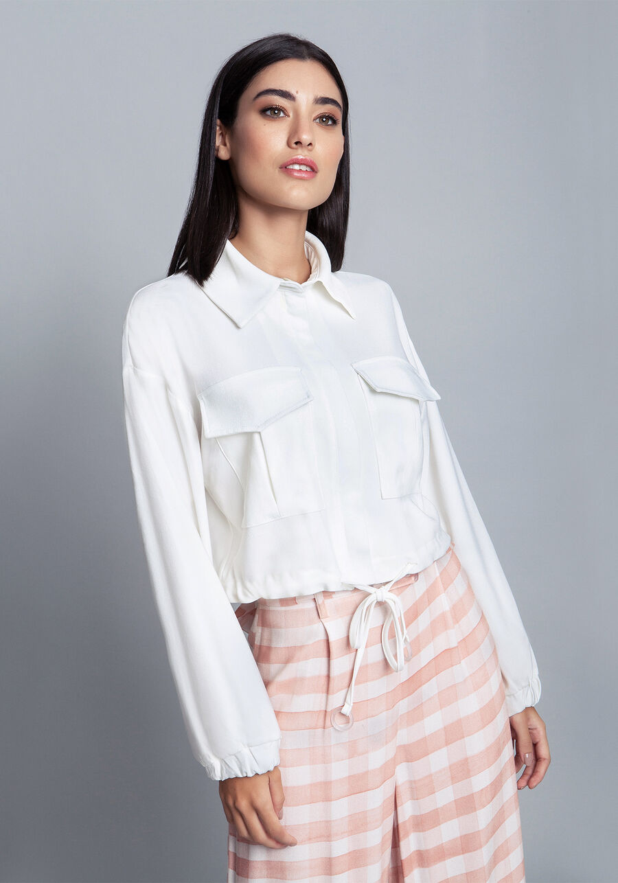 Jaqueta Tecido Crepe Satin Cropped, BRANCO OFF WHITE, large.