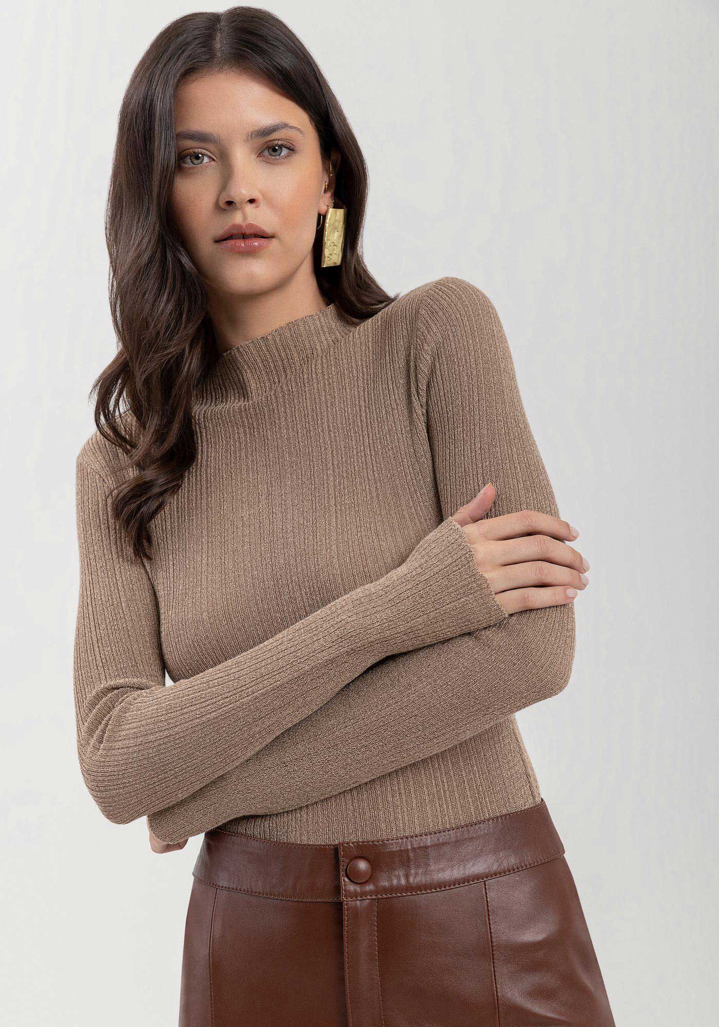 Blusa Curta De Mangas Longas Em Tric&ocirc; Com Fios De Lurex, , large.