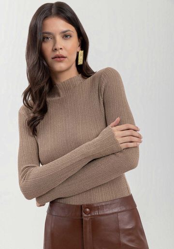 Blusa Curta De Mangas Longas Em Tricô Com Fios De Lurex, BEGE CENTURY. Blusa Curta De Mangas Longas Em Tricô Com Fios De Lurex, BEGE CENTURY, large.