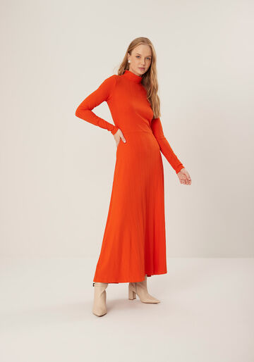 Vestido Midi Chá Em Malha Canelada Com Abertura Nas Costas, LARANJA TOMILHO. Vestido Midi Chá Em Malha Canelada Com Abertura Nas Costas, LARANJA TOMILHO, large.
