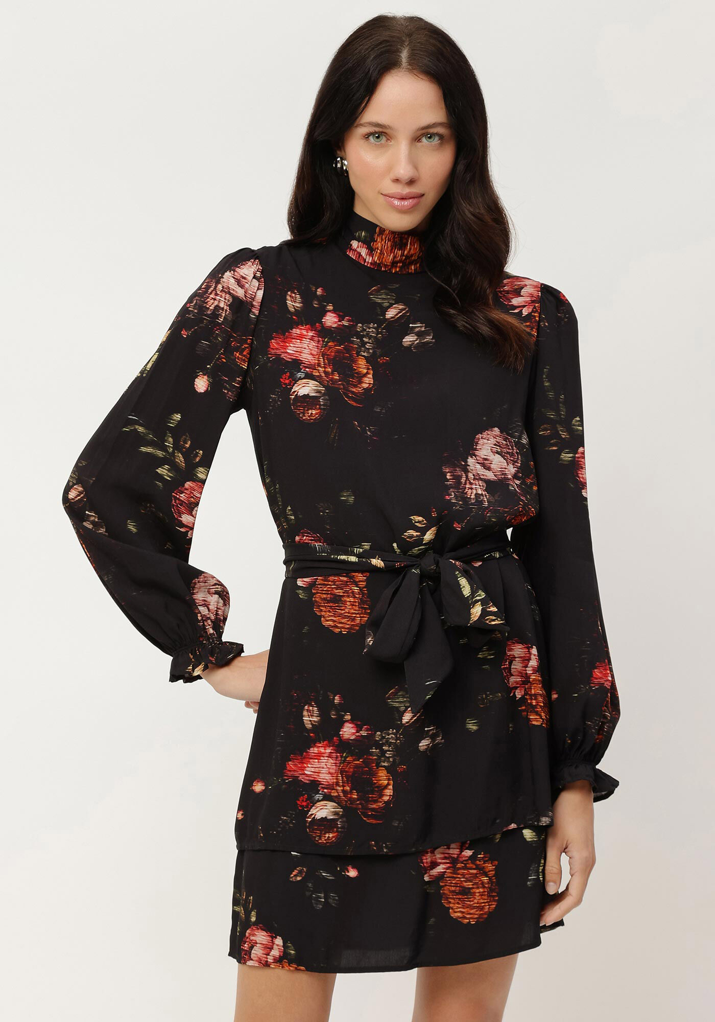 Vestido Curto Manga Longa Bufante com Faixa, , large.