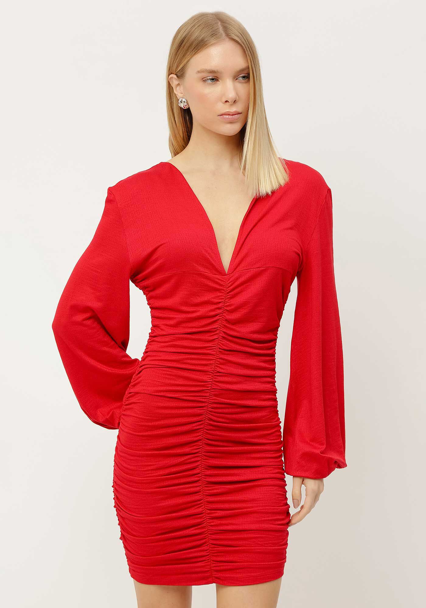 Vestido Curto Franzido com Manga Longa Bufante, , large.