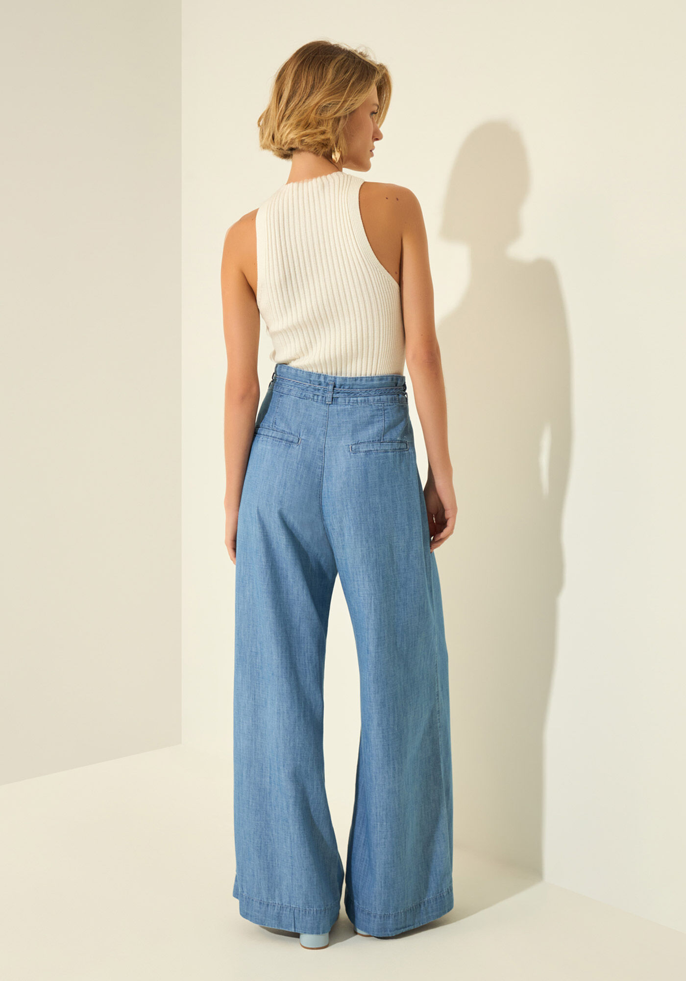 Cal&ccedil;a Pantalona Jeans De Cintura Alta Com Linho, JEANS, large.