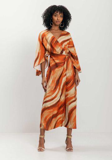 Vestido Chá Estampado Com Mangas Amplas E Enfeite, ART LARANJA. Vestido Chá Estampado Com Mangas Amplas E Enfeite, ART LARANJA, large.