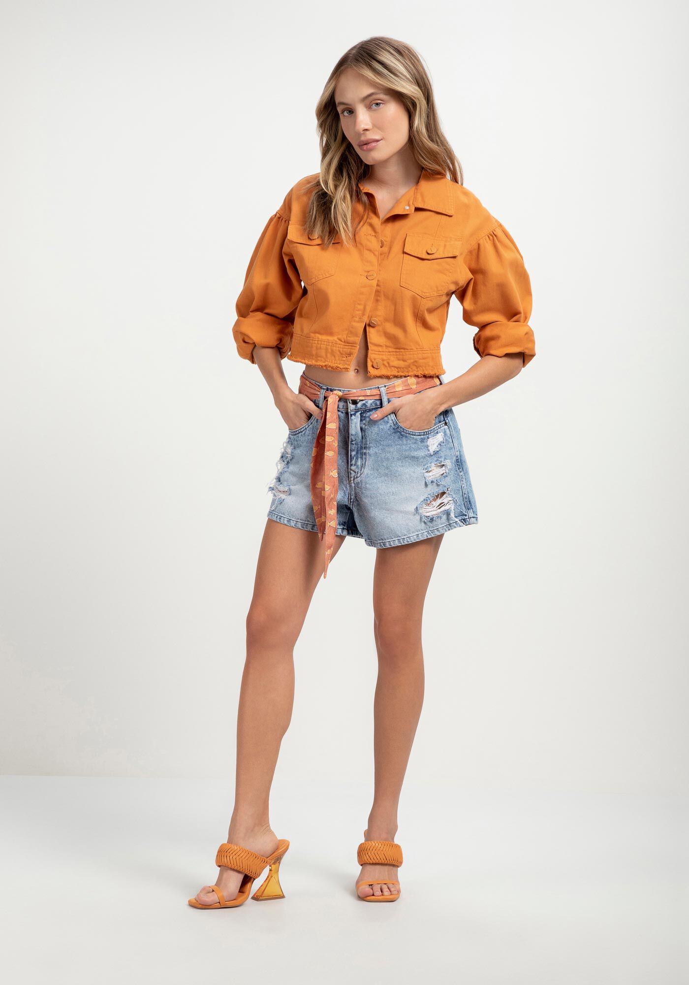 Shorts Jeans Destroyed com Faixa Estampada, , large.