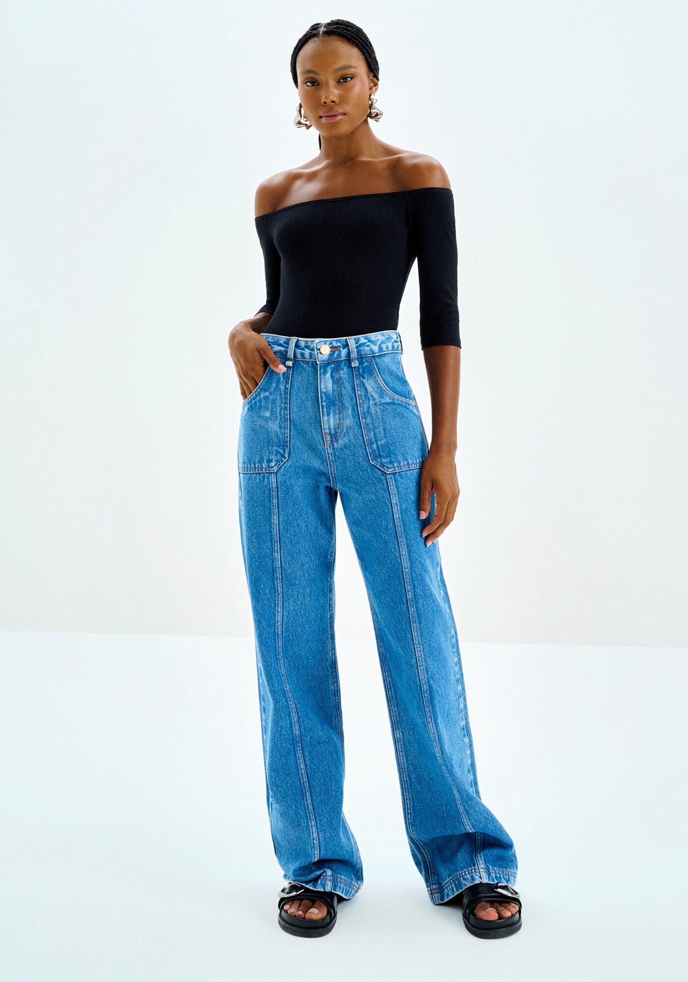 Cal&ccedil;a Jeans Wide Leg Cintura Alta com Recortes, JEANS, large.