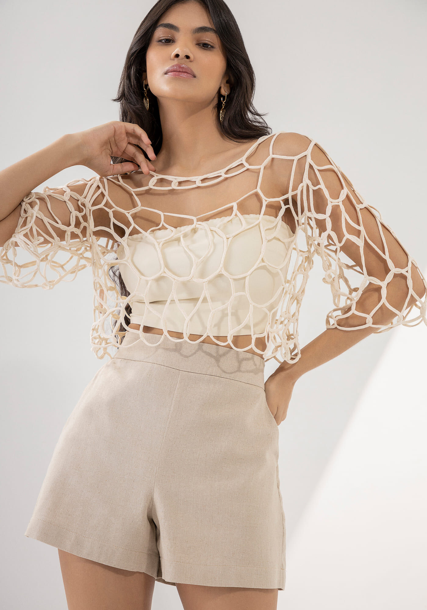 Blusa Macram&ecirc; Cropped com Top Faixa, , large.