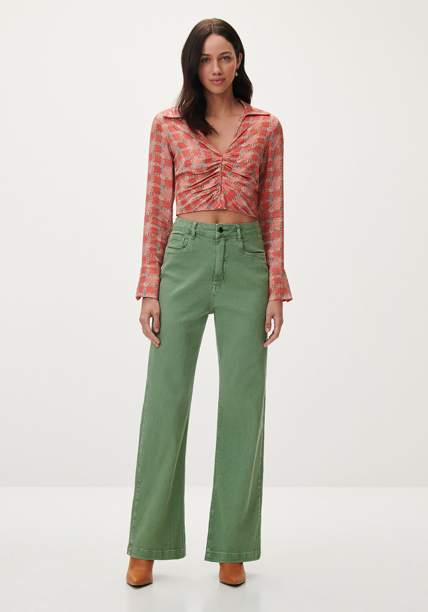 Camisa Cropped Estampada com Franzido, , large.