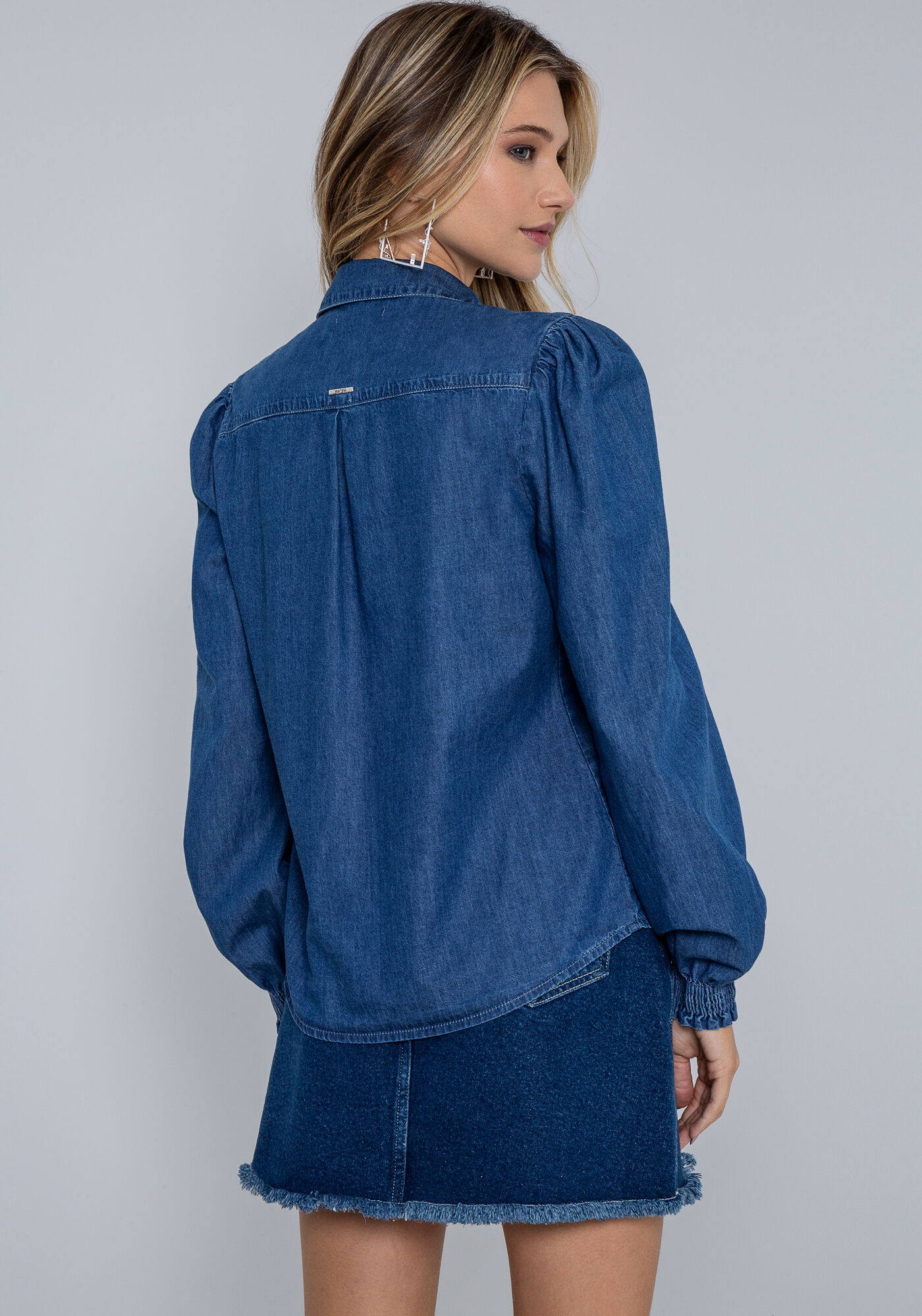 Camisa Manga Longa Bufante em Jeans, , large.