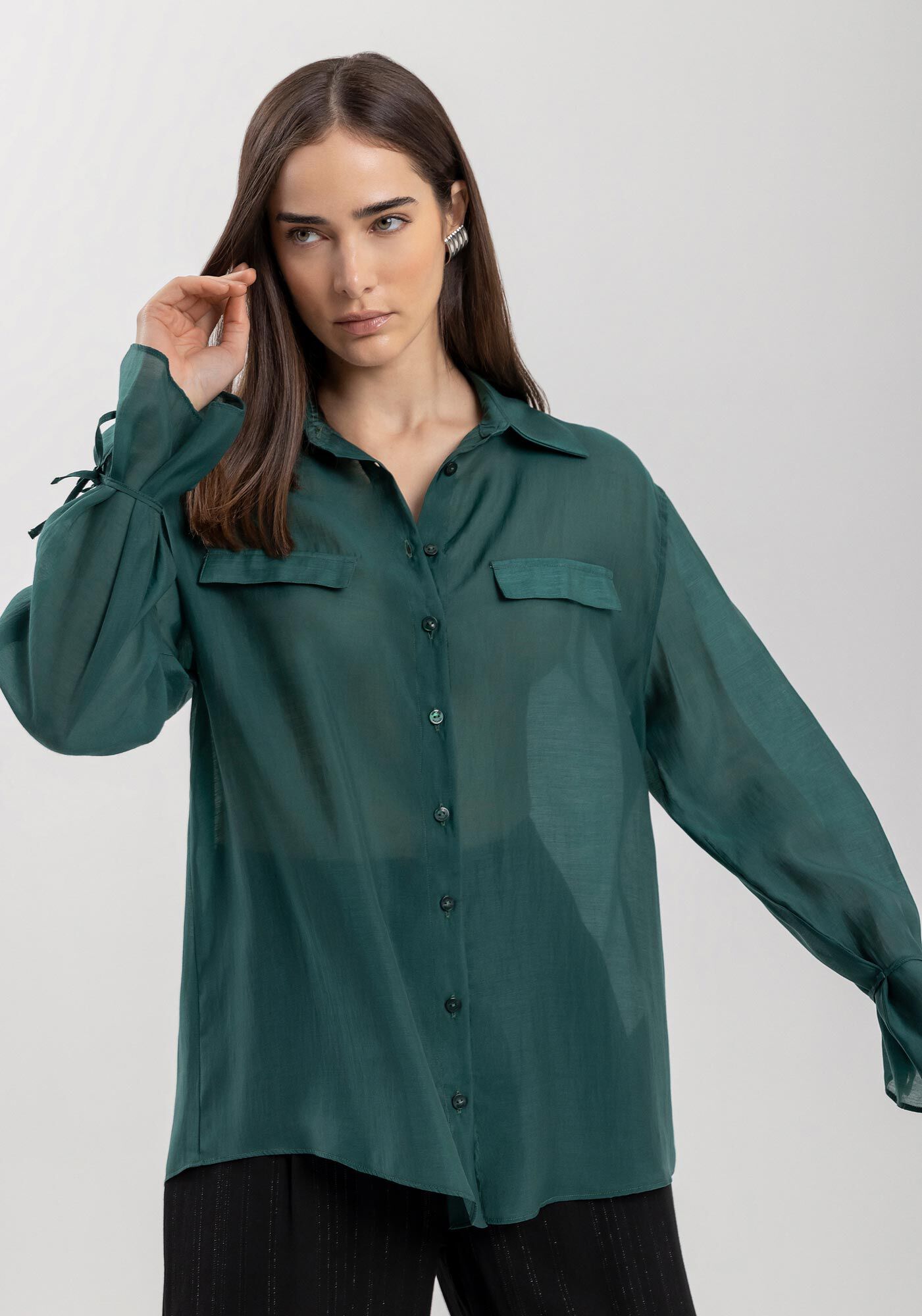 Camisa Alongada Com Transpar&ecirc;ncia E Amarra&ccedil;&otilde;es, VERDE CERES, large.