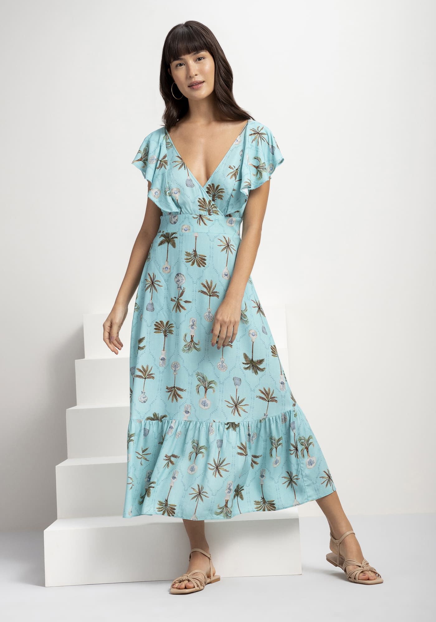 Vestido Midi Estampado em Viscose com Babado, , large.