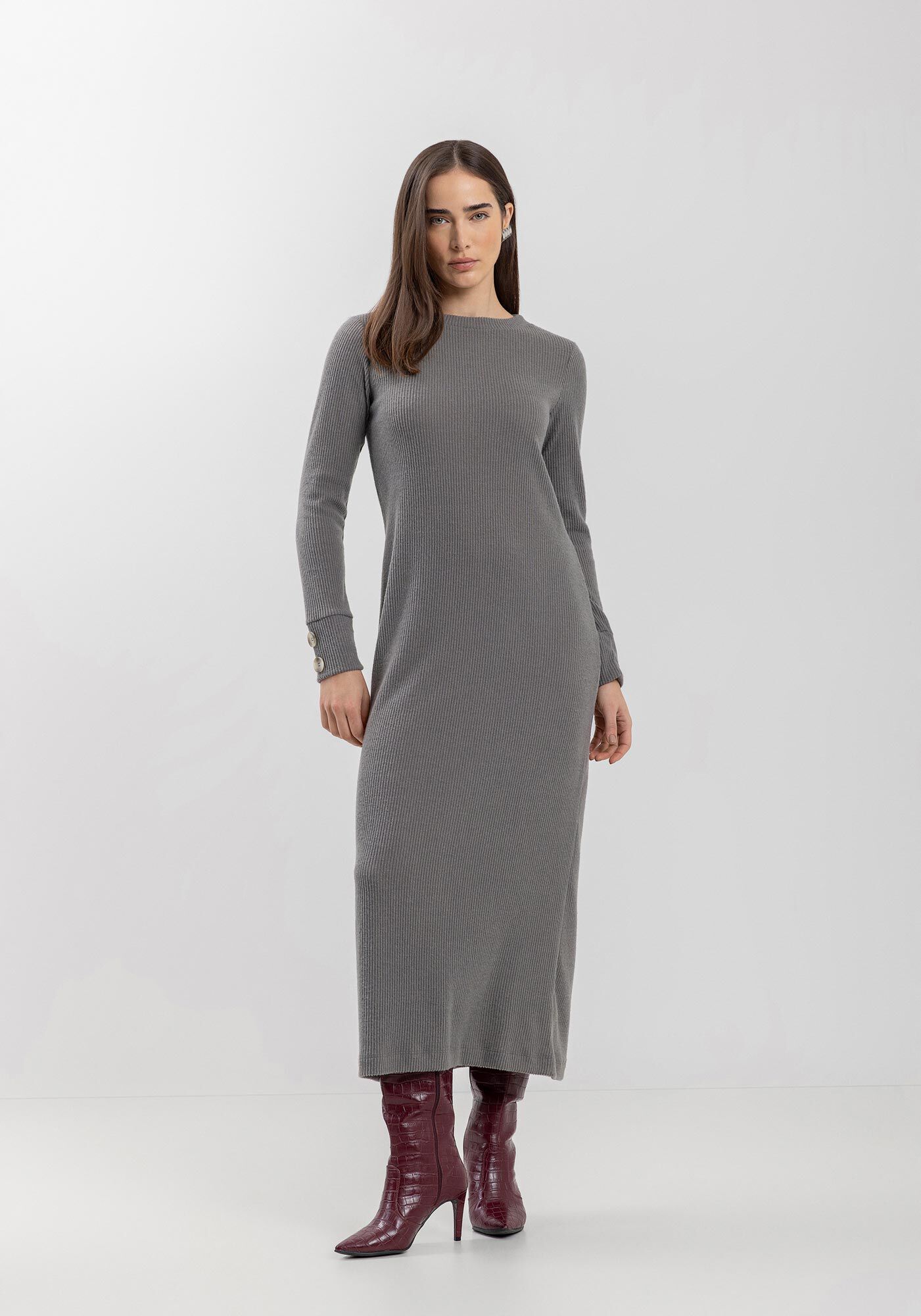 Vestido Midi Ch&aacute; De Mangas Longas Em Malha Canelada, , large.