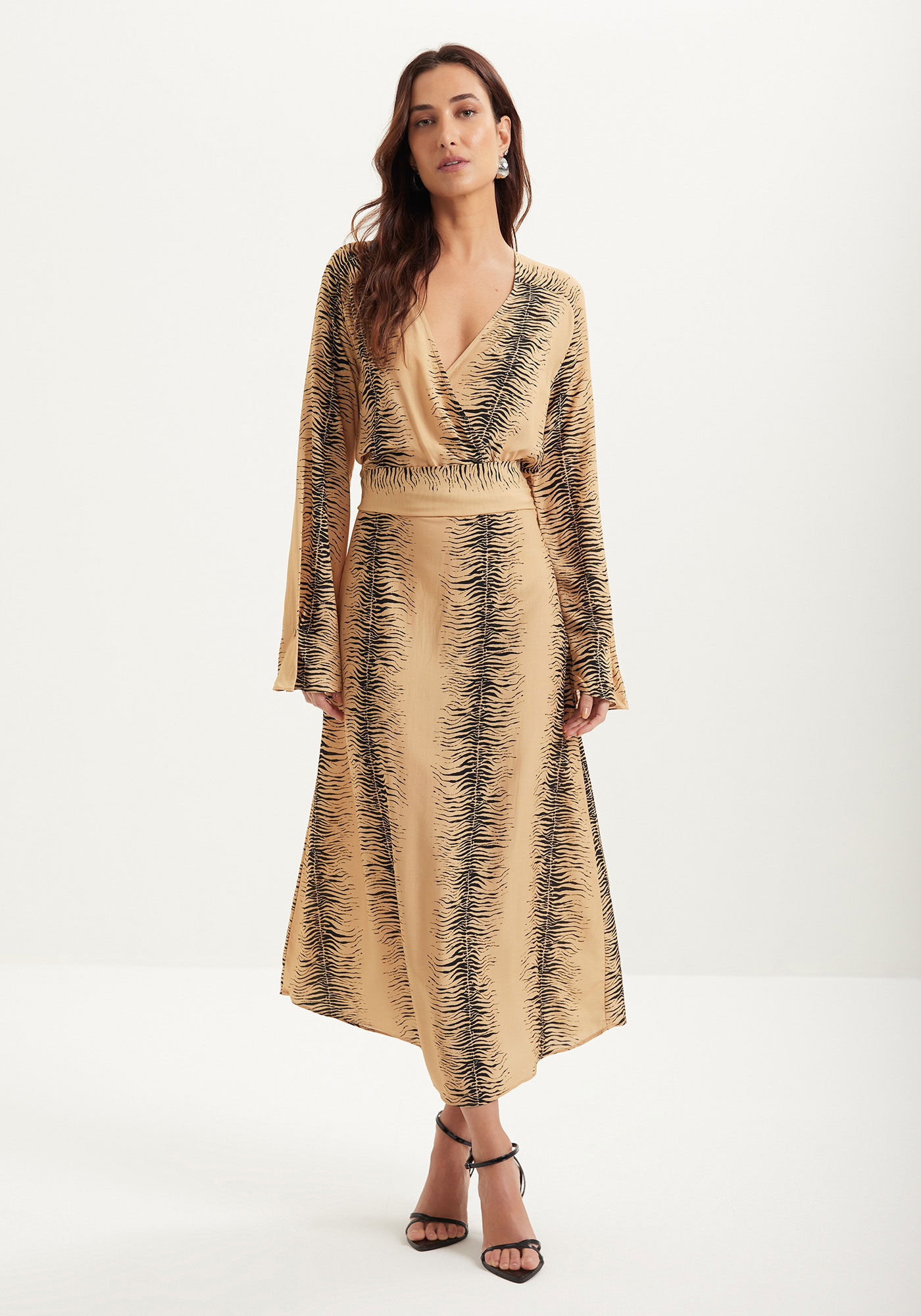 Vestido Estampado Ch&aacute; De Mangas Longas Com Decote Em V, , large.