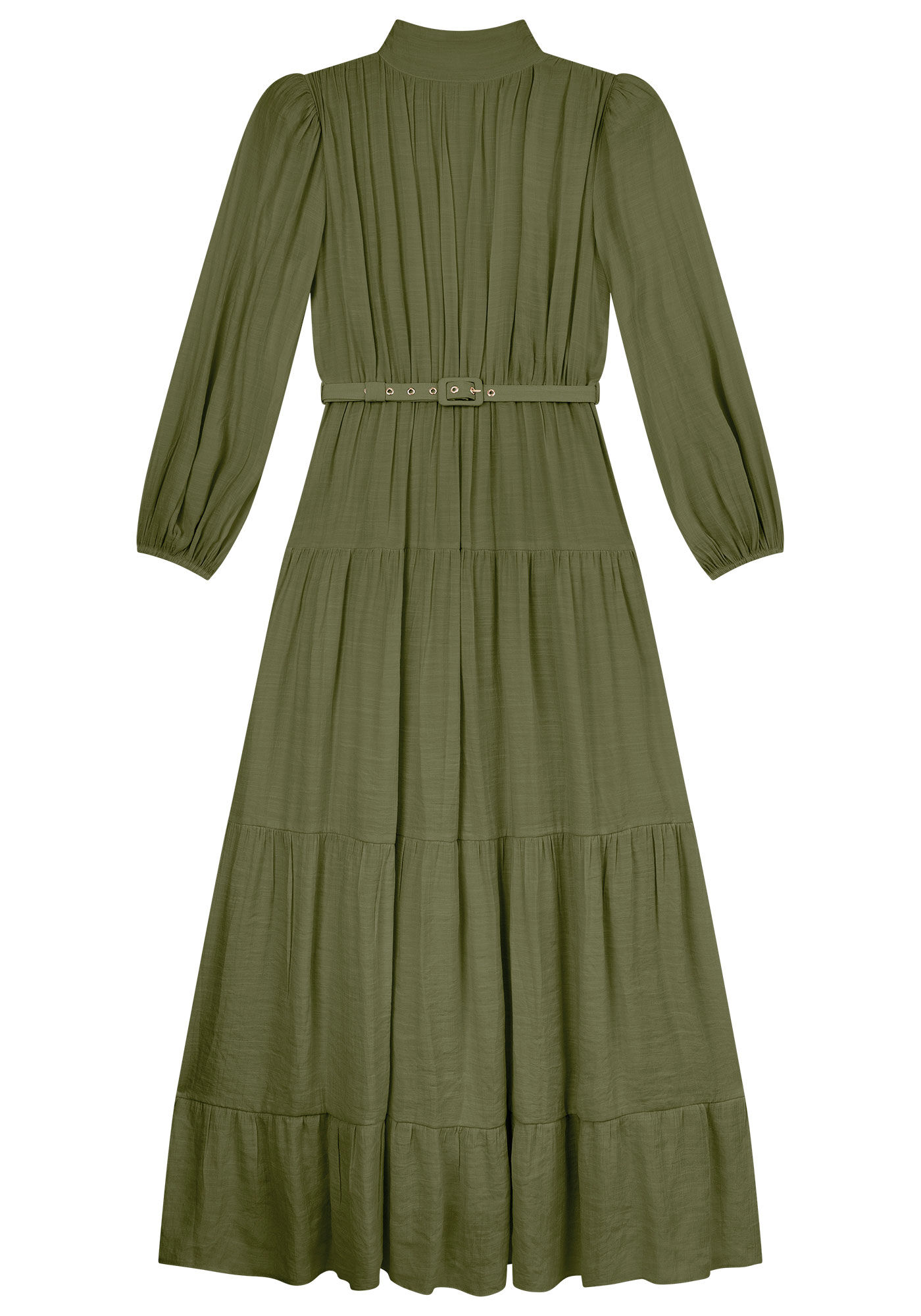 Vestido Longo Gola Alta em Shantung com Cinto, , large.