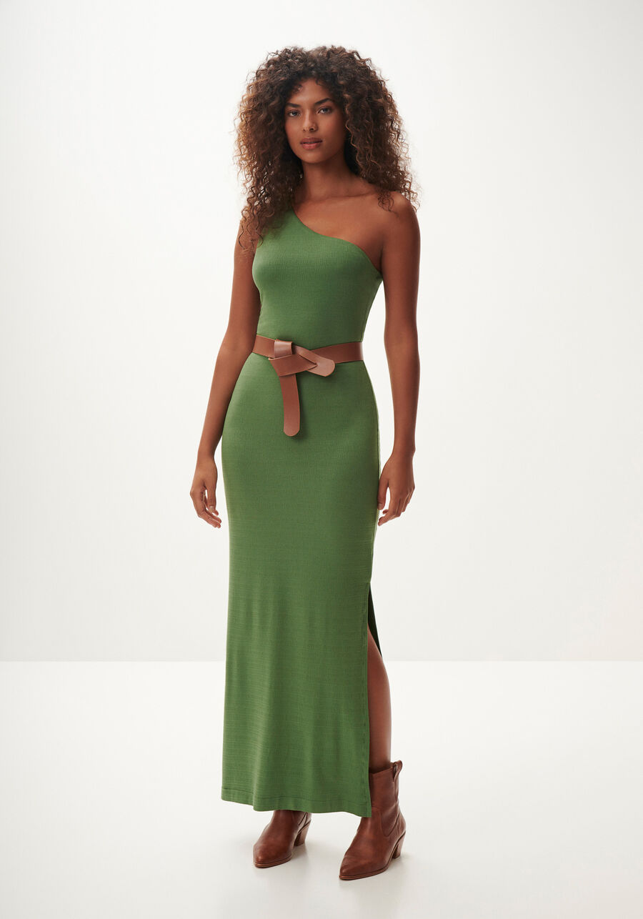 Vestido Longo Ombro Só em Malha com Cinto, VERDE TURTLE. Vestido Longo Ombro Só em Malha com Cinto, VERDE TURTLE, large.