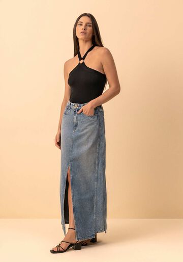 Saia Jeans Longa De Cintura Alta Com Fenda E Recortes, JEANS. Saia Jeans Longa De Cintura Alta Com Fenda E Recortes, JEANS, large.