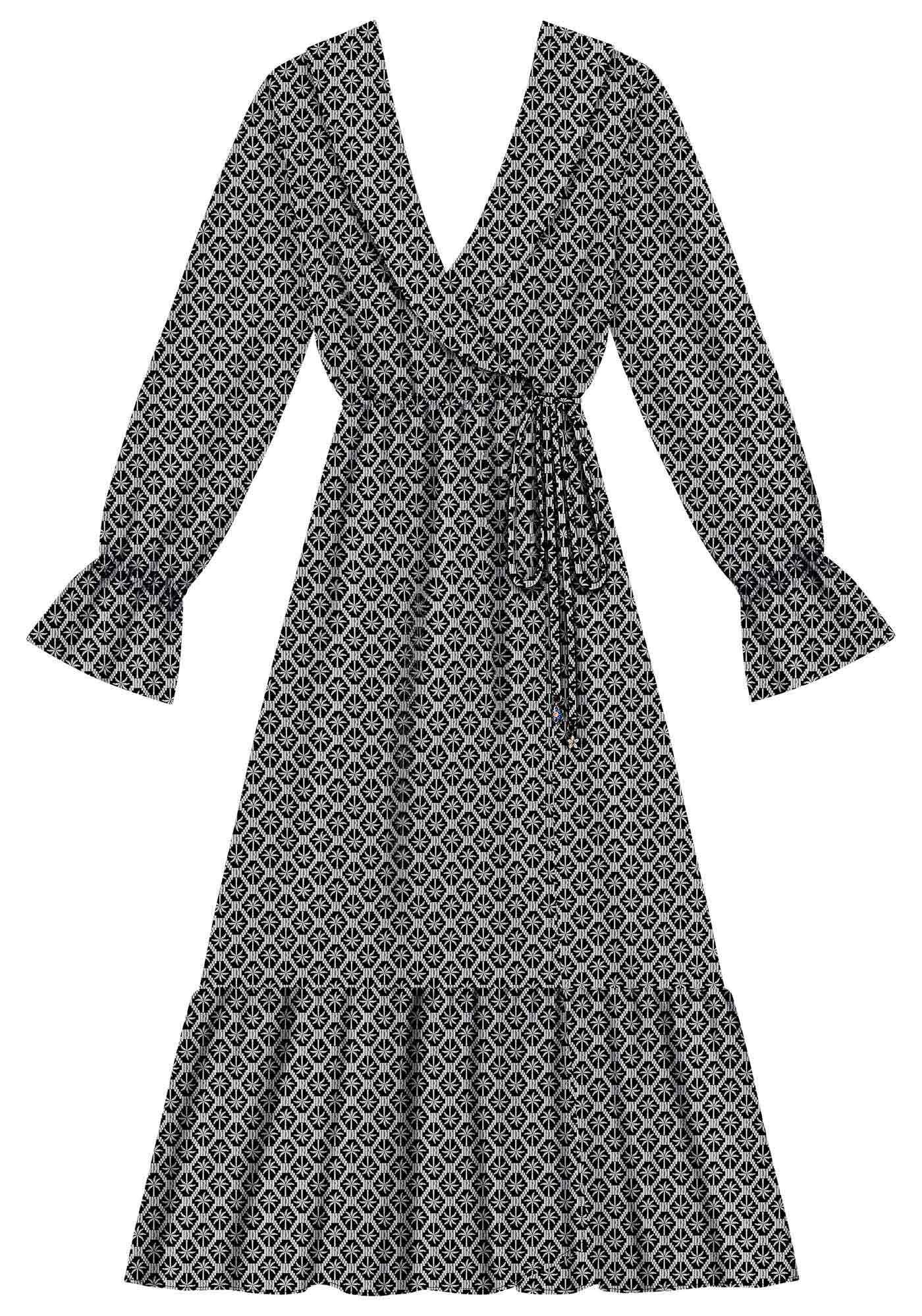 Vestido Midi Manga Longa Estampado Transpassado, , large.