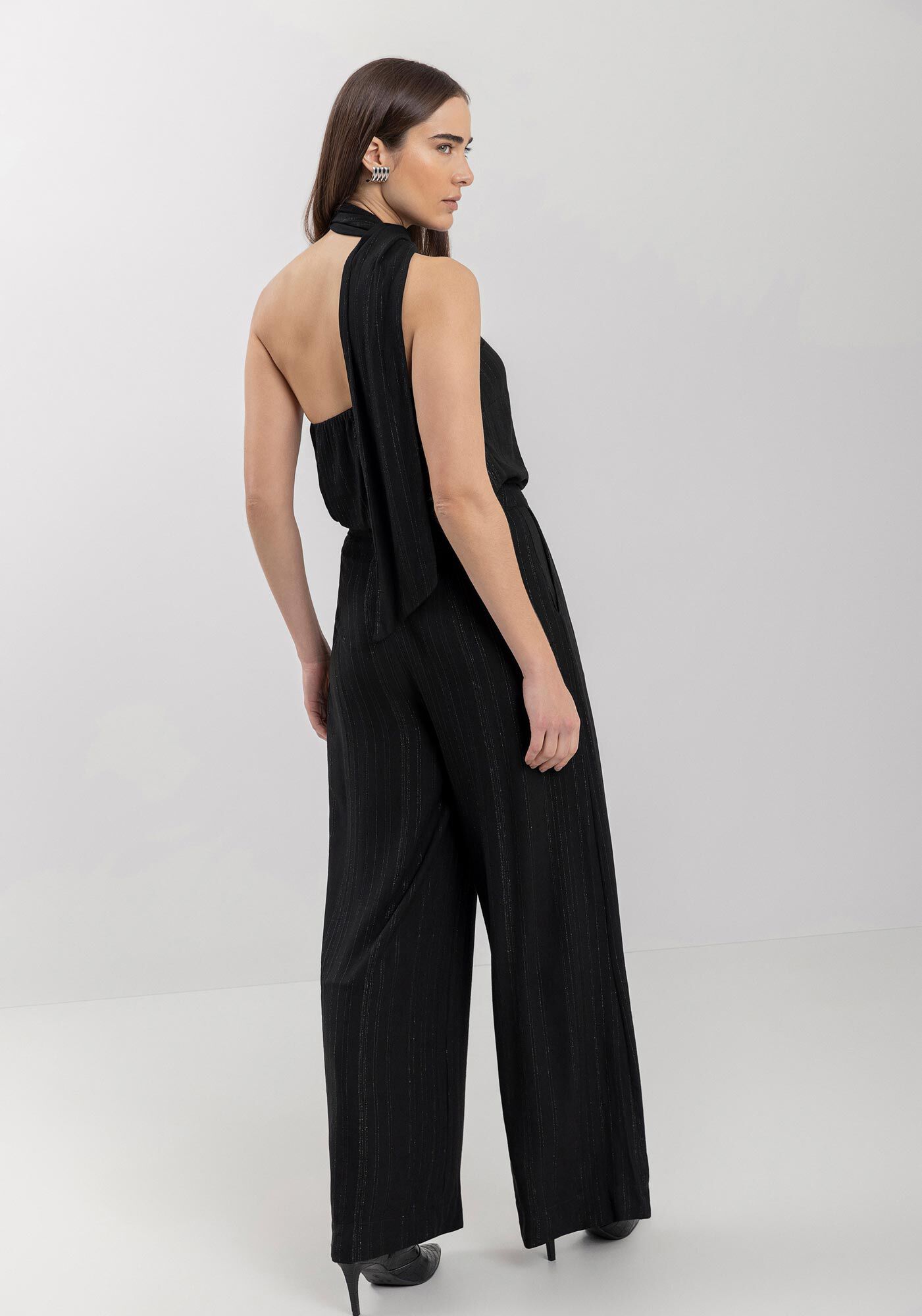 Cal&ccedil;a Reta De Cintura Alta Em Viscose Com Listras Brilhantes, , large.