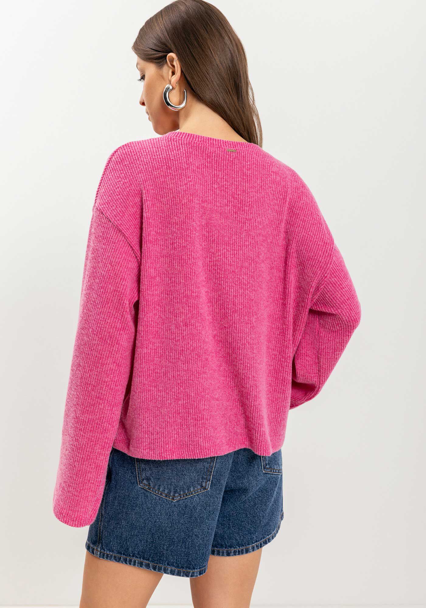 Blusa De Mangas Longas Em Malha Canelada Tric&ocirc;, , large.