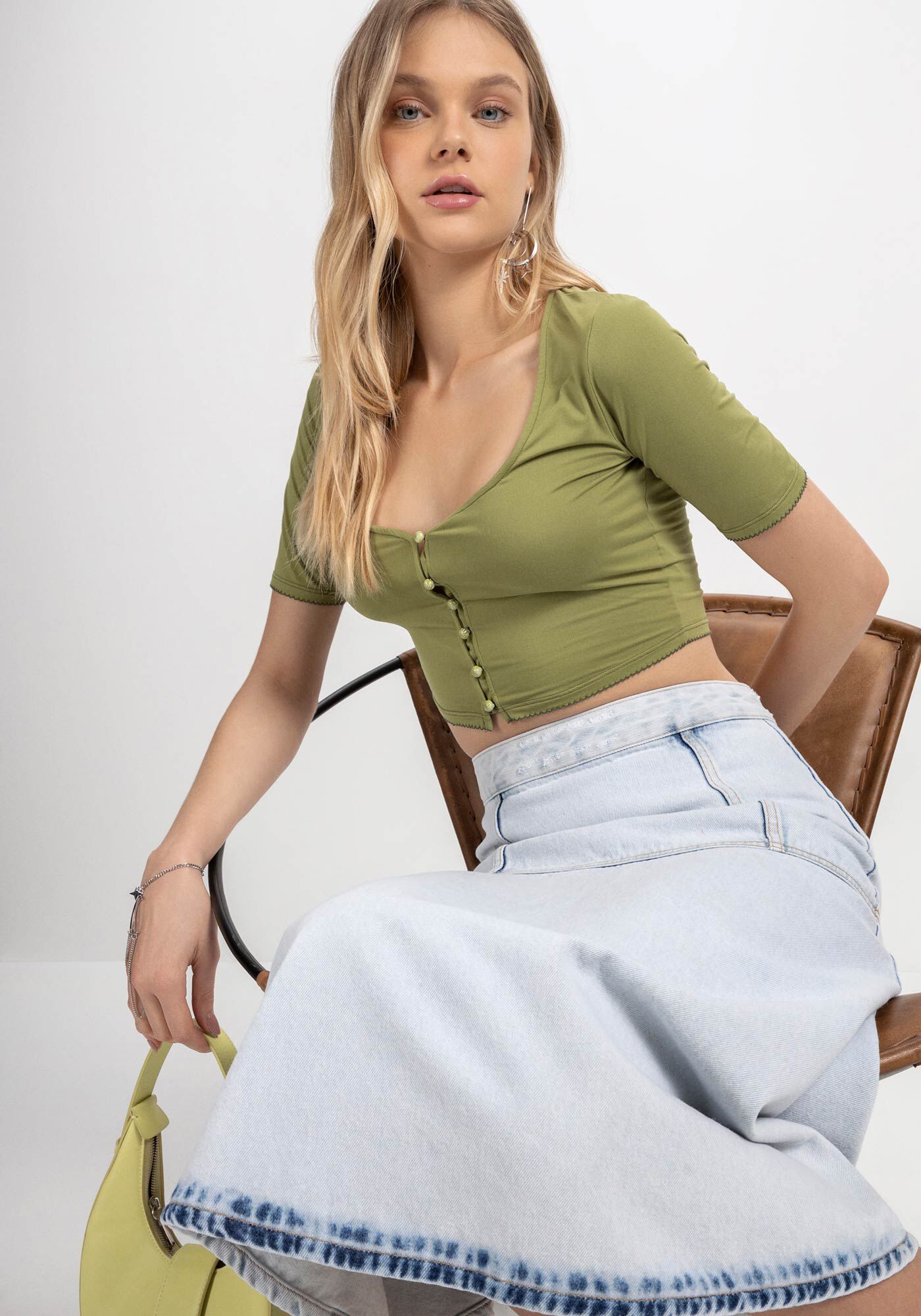 Saia jeans midi cintura alta top