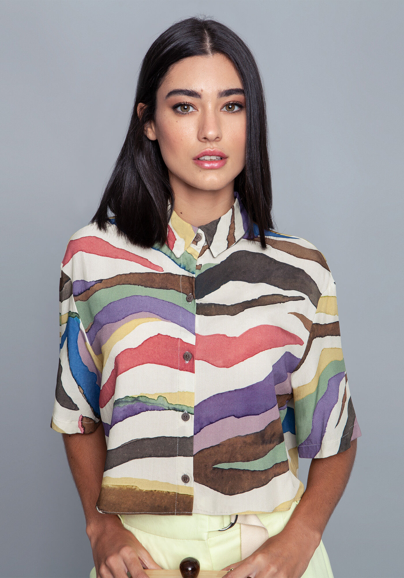 Camisa Tecido Rayon Cropped Manga 3/4, , large.