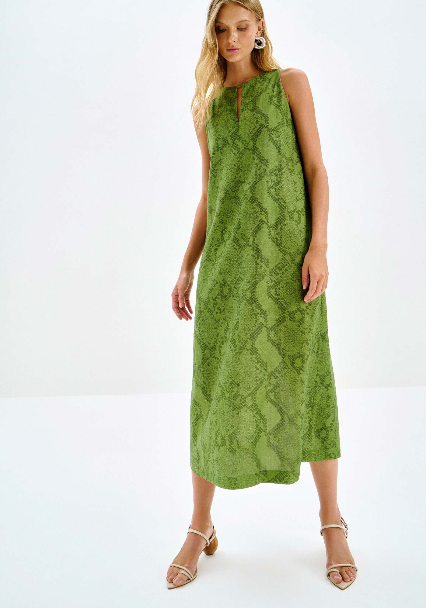 Vestido Midi Reto em Linho Estampado, SNAKE, large.