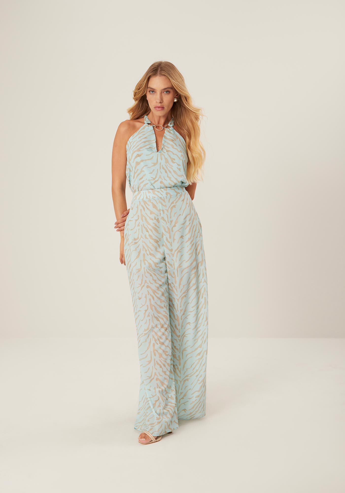 Cal&ccedil;a Pantalona Cintura Alta em Chiffon Estampada, , large.